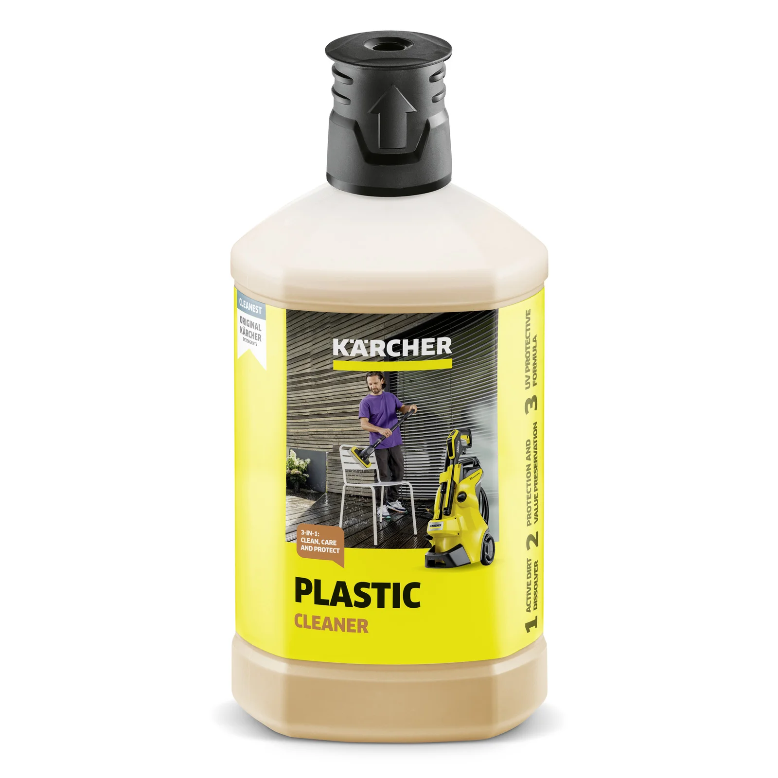Kärcher Kunststoffreiniger-Flasche mit gelbem Etikett, zeigt eine Person beim Reinigen mit einem Kärcher Hochdruckreiniger.