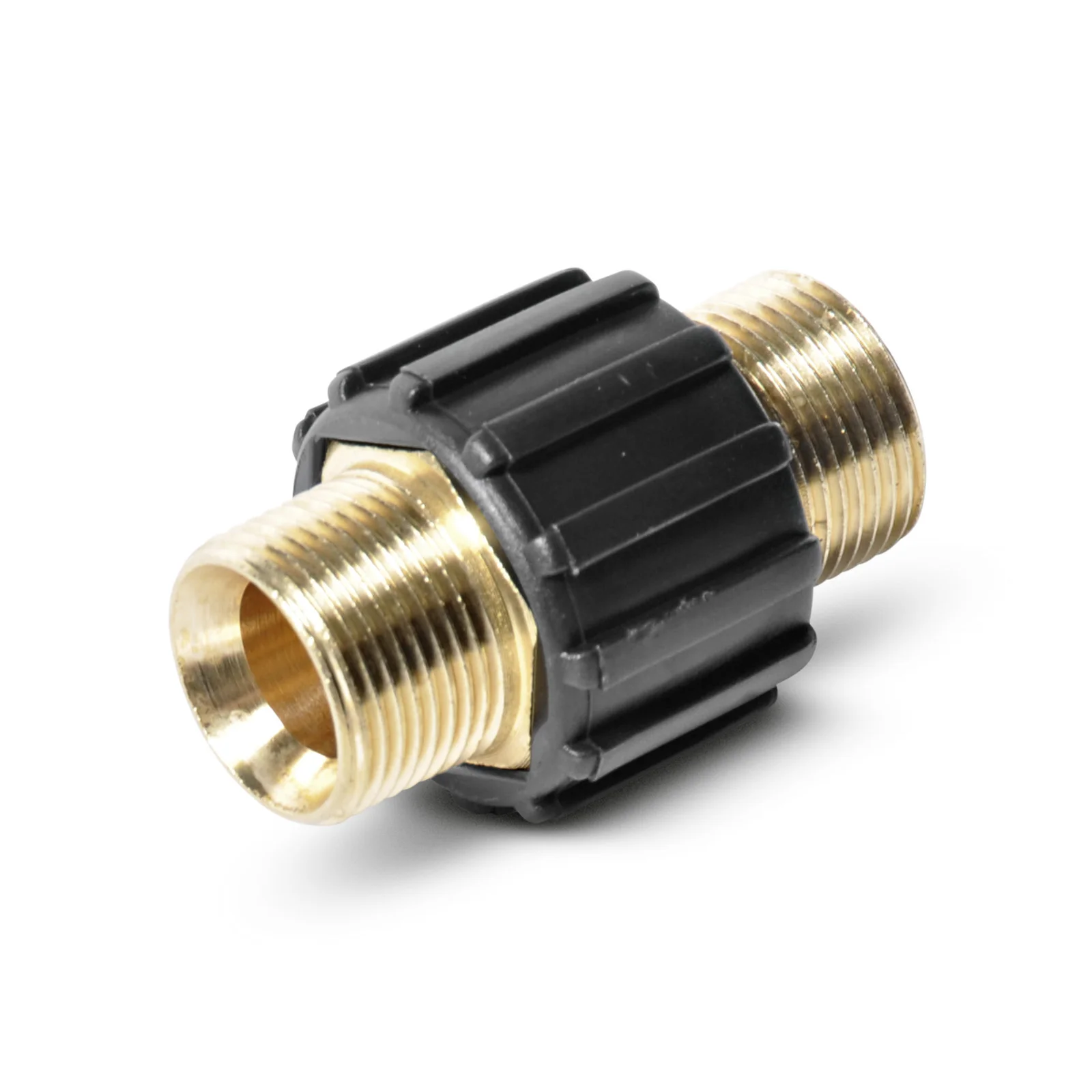 Messingadapter mit schwarzem Kunststoffgehäuse, beidseitig mit Außengewinde.