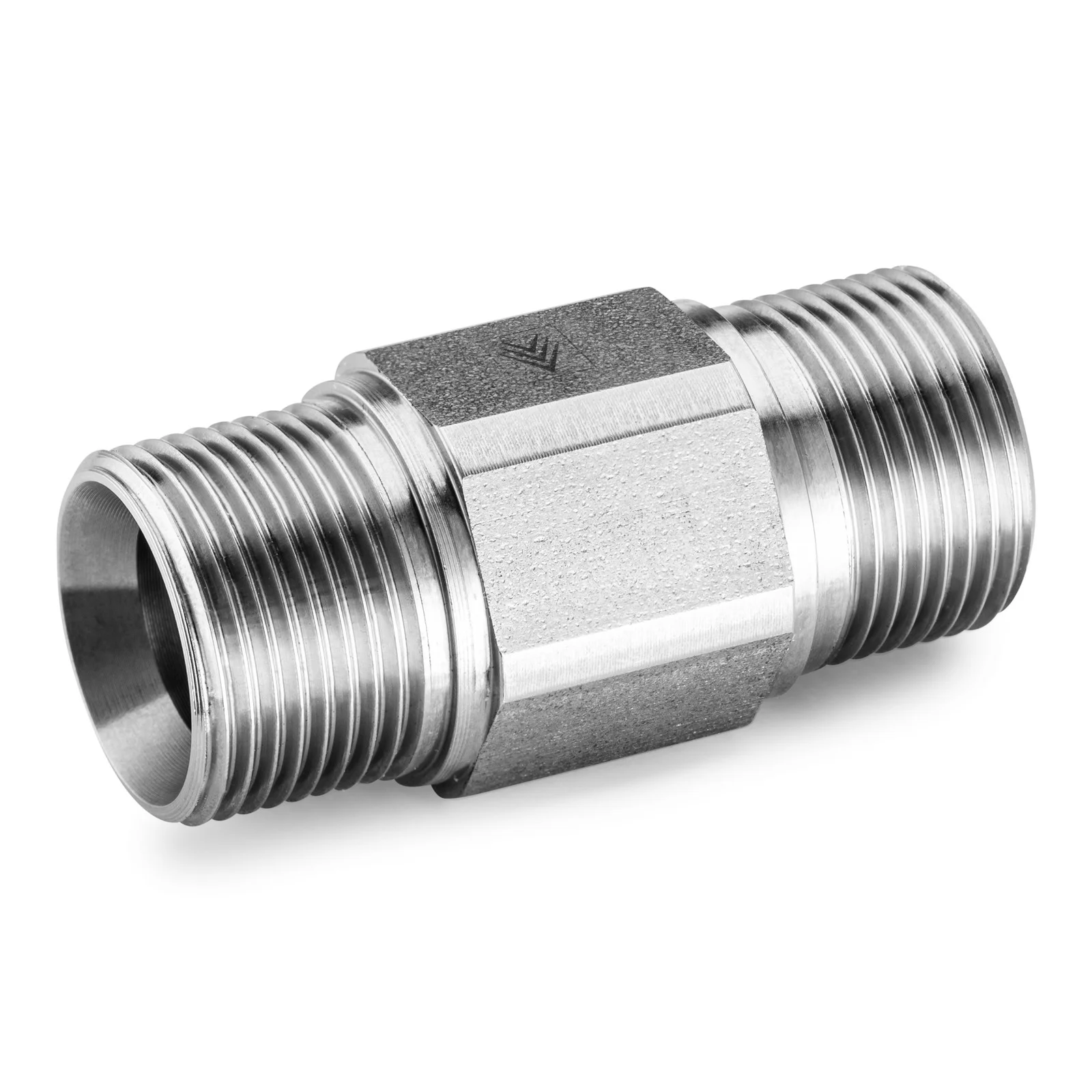 Metalladapter mit zwei Außengewinden, zylindrische Form, silberfarben, auf weißem Hintergrund.