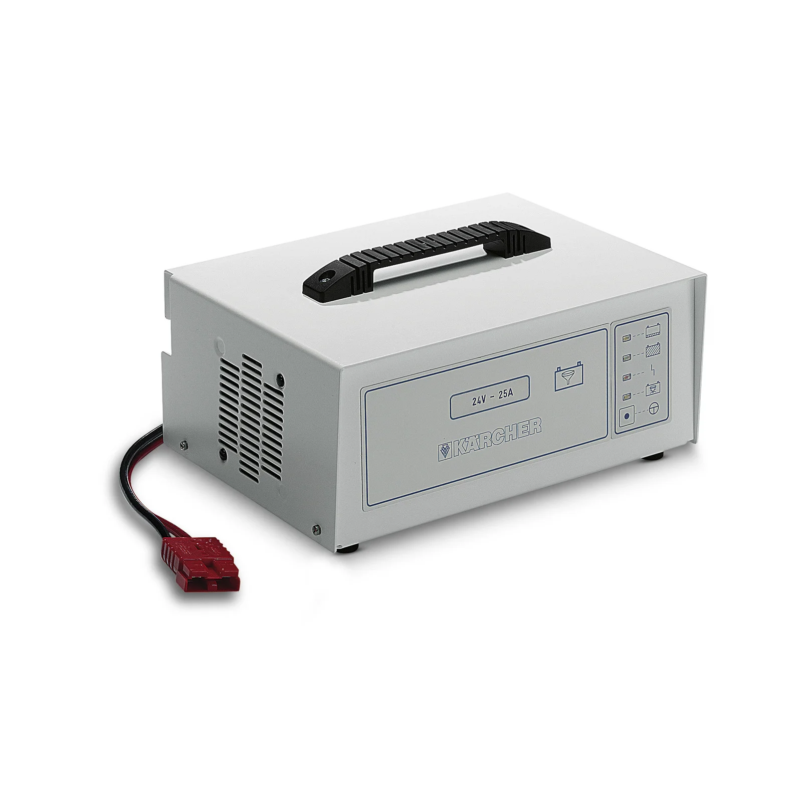 Kärcher Batterieladegerät mit Tragegriff, Lüftungsschlitzen und rotem Anschlusskabel, Modell 24V - 25A.