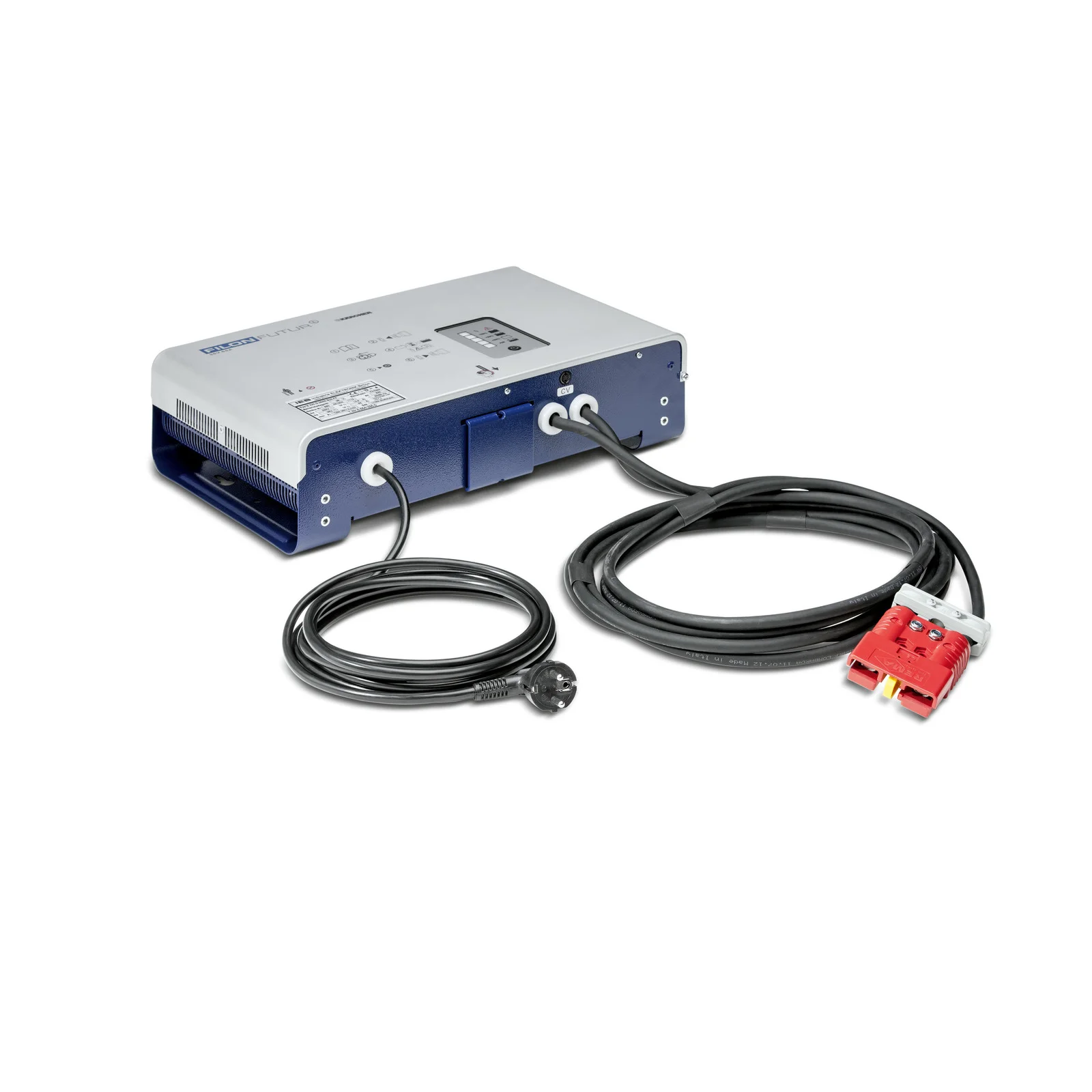 Graues und blaues Ladegerät mit zwei Kabeln, eines mit rotem Stecker. Auf weißem Hintergrund platziert.