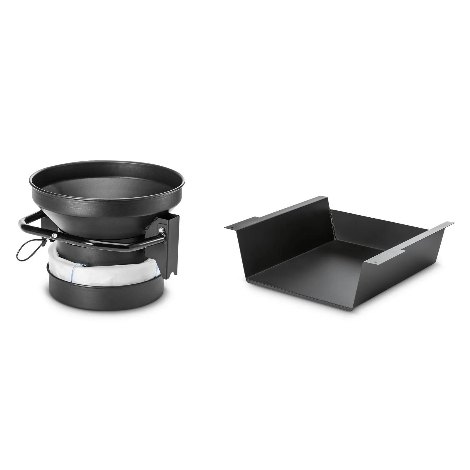 Zwei schwarze Metallteile, links ein Trichter mit Griff, rechts eine rechteckige Auffangschale.