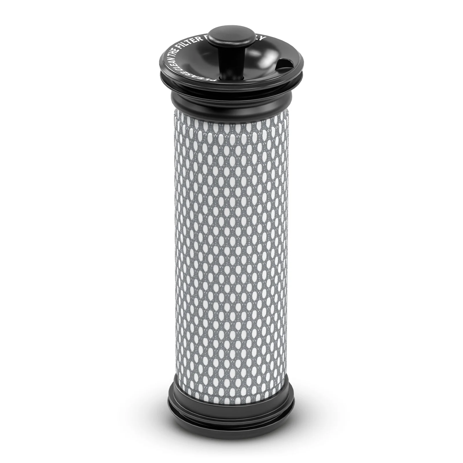Grauer, zylindrischer Wasserfilter mit schwarzem Deckel und perforierter Oberfläche.