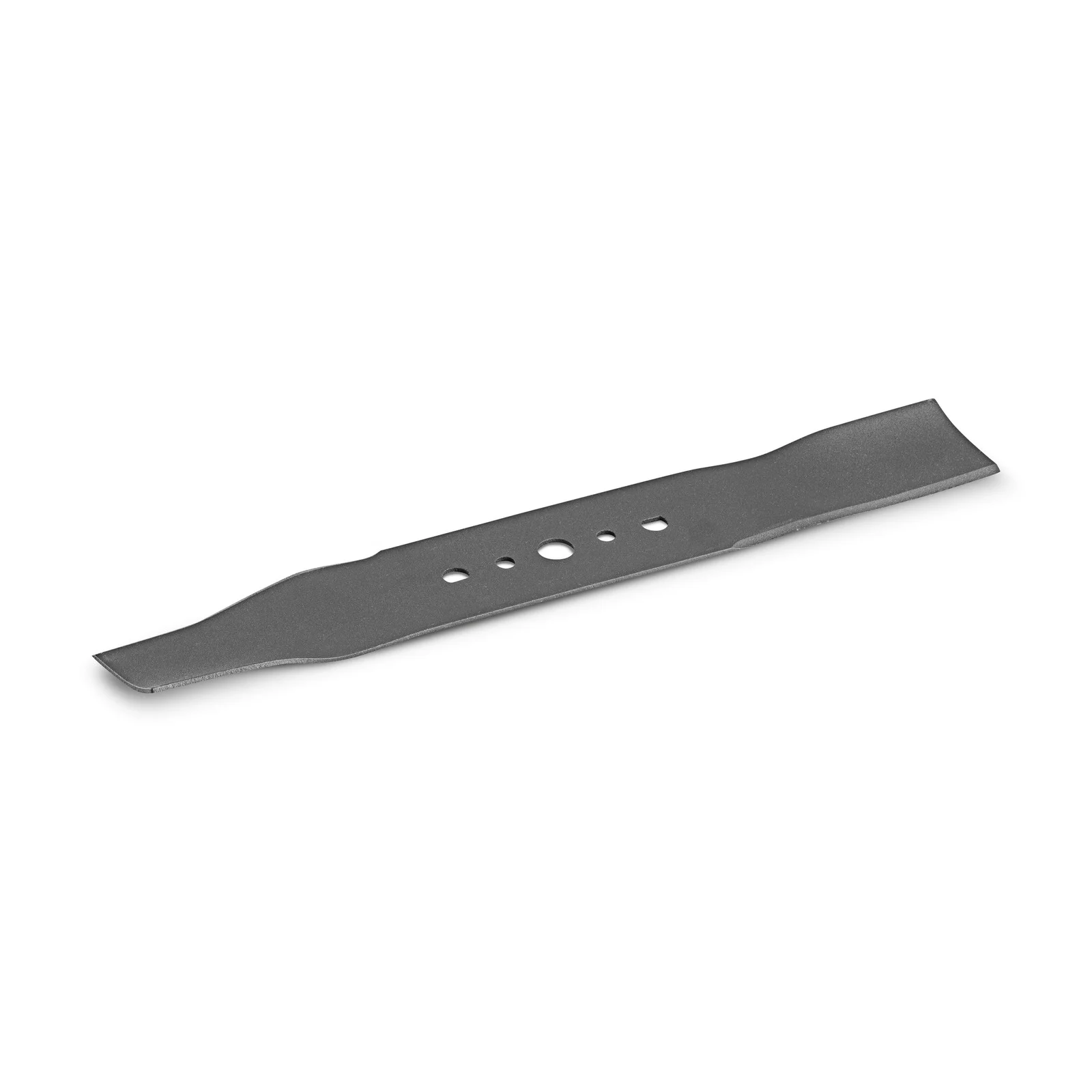 Schwarzes Metallmesser mit mehreren Löchern in der Mitte, auf weißem Hintergrund.