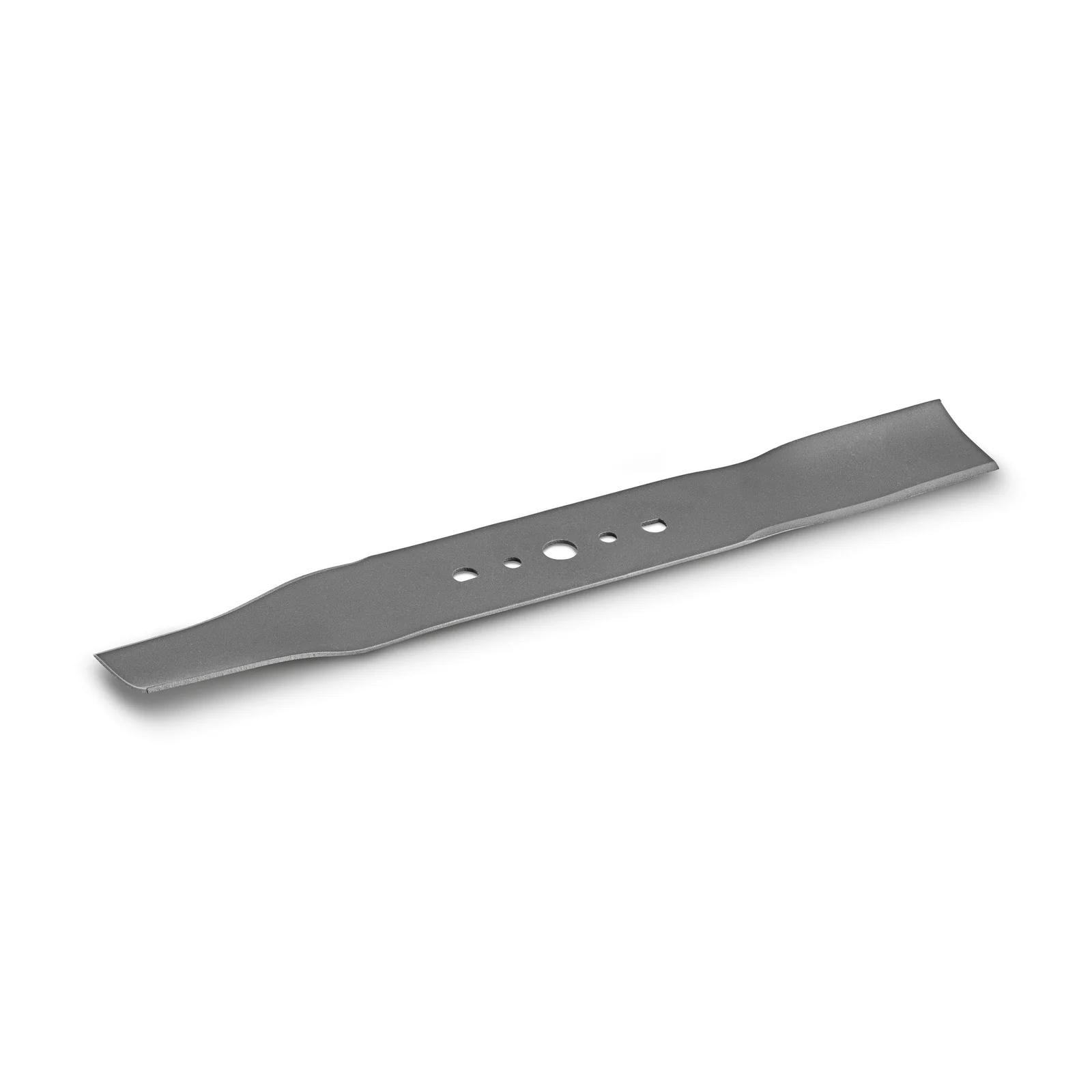Graues Ersatzmesser für Rasenmäher, flach liegend, mit mehreren Befestigungslöchern in der Mitte.