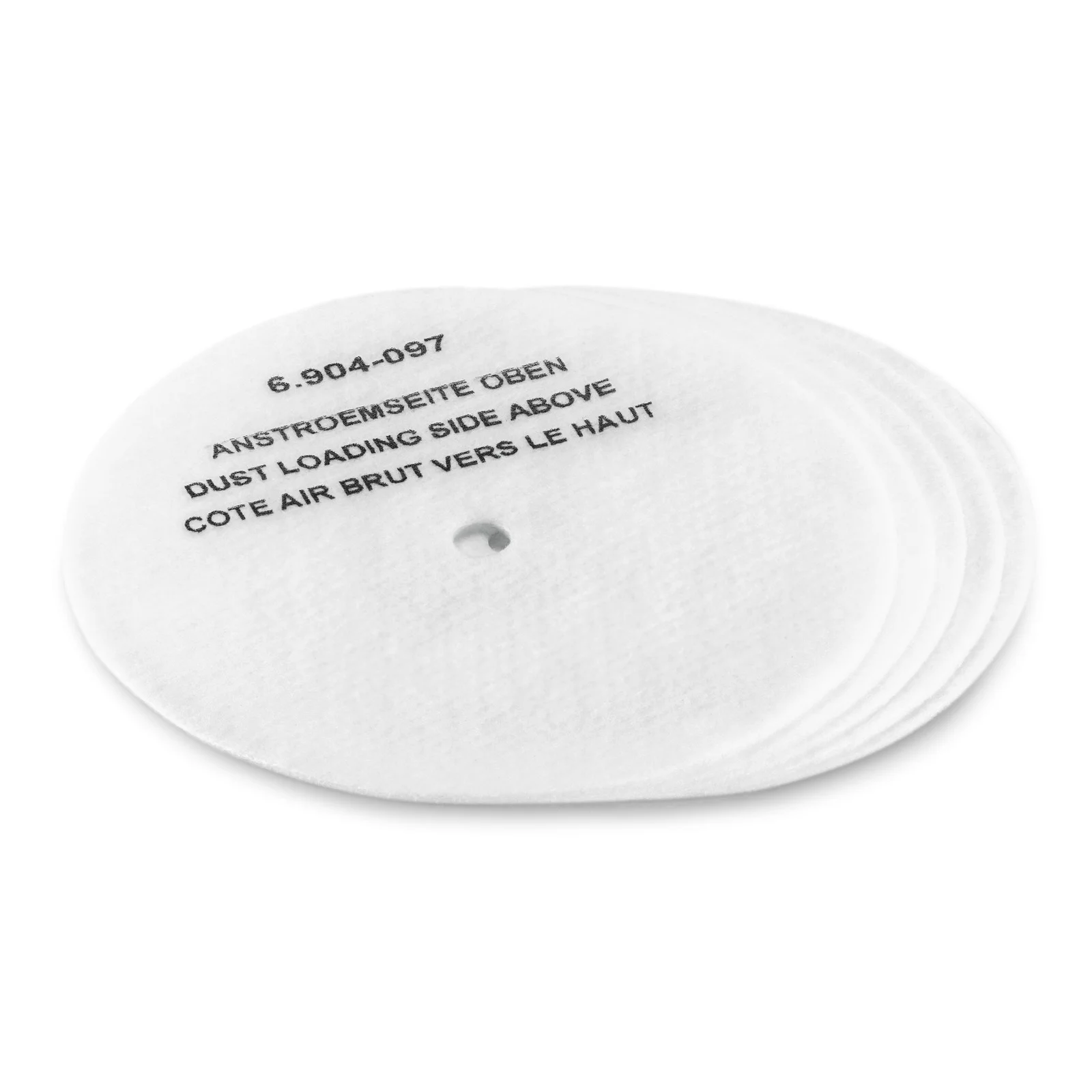 Weiße runde Filterpads mit zentralem Loch, Aufschrift "Anströmseite oben" in mehreren Sprachen.