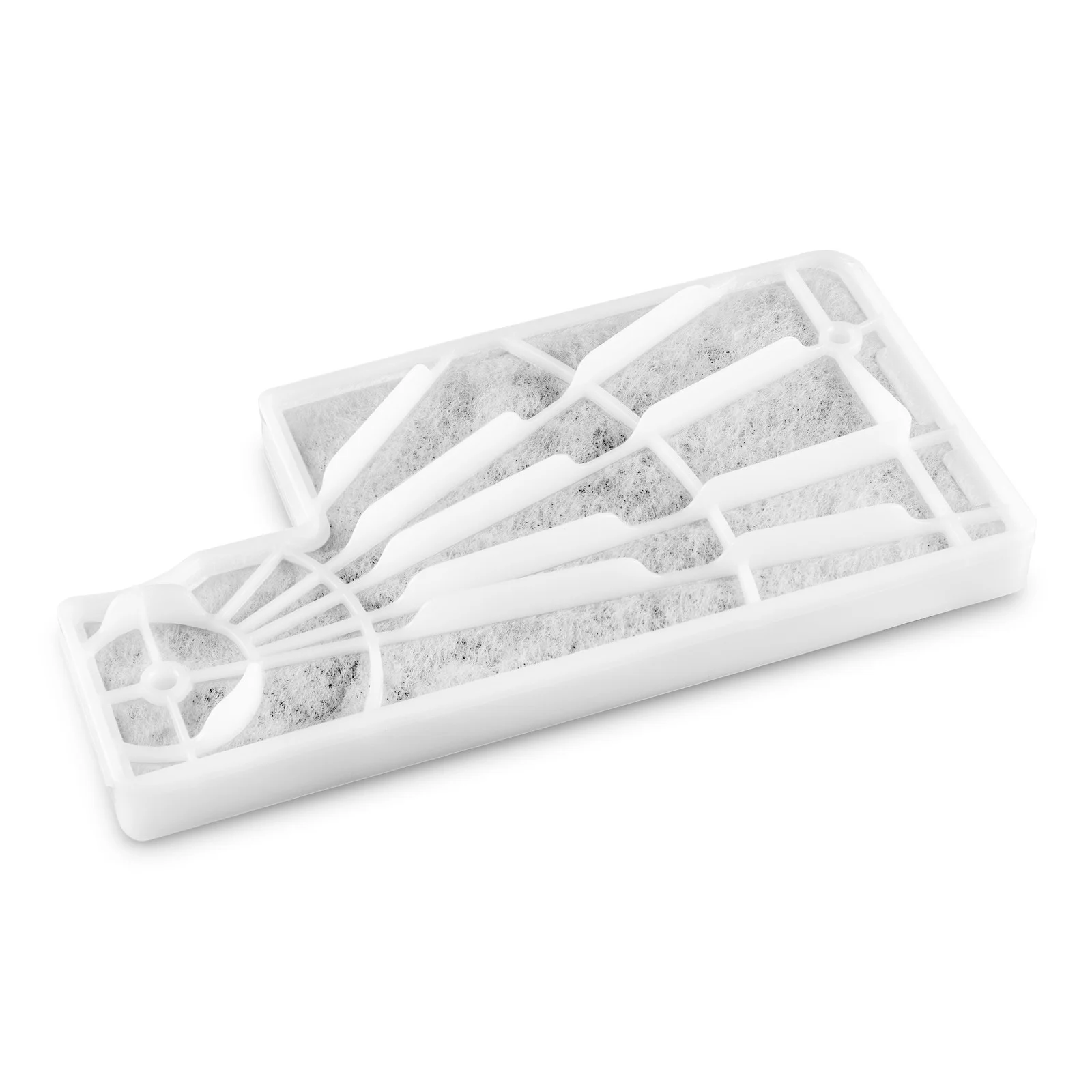 Weißer Filtereinsatz mit grauem Filzmaterial, rechteckige Form, auf weißem Hintergrund.