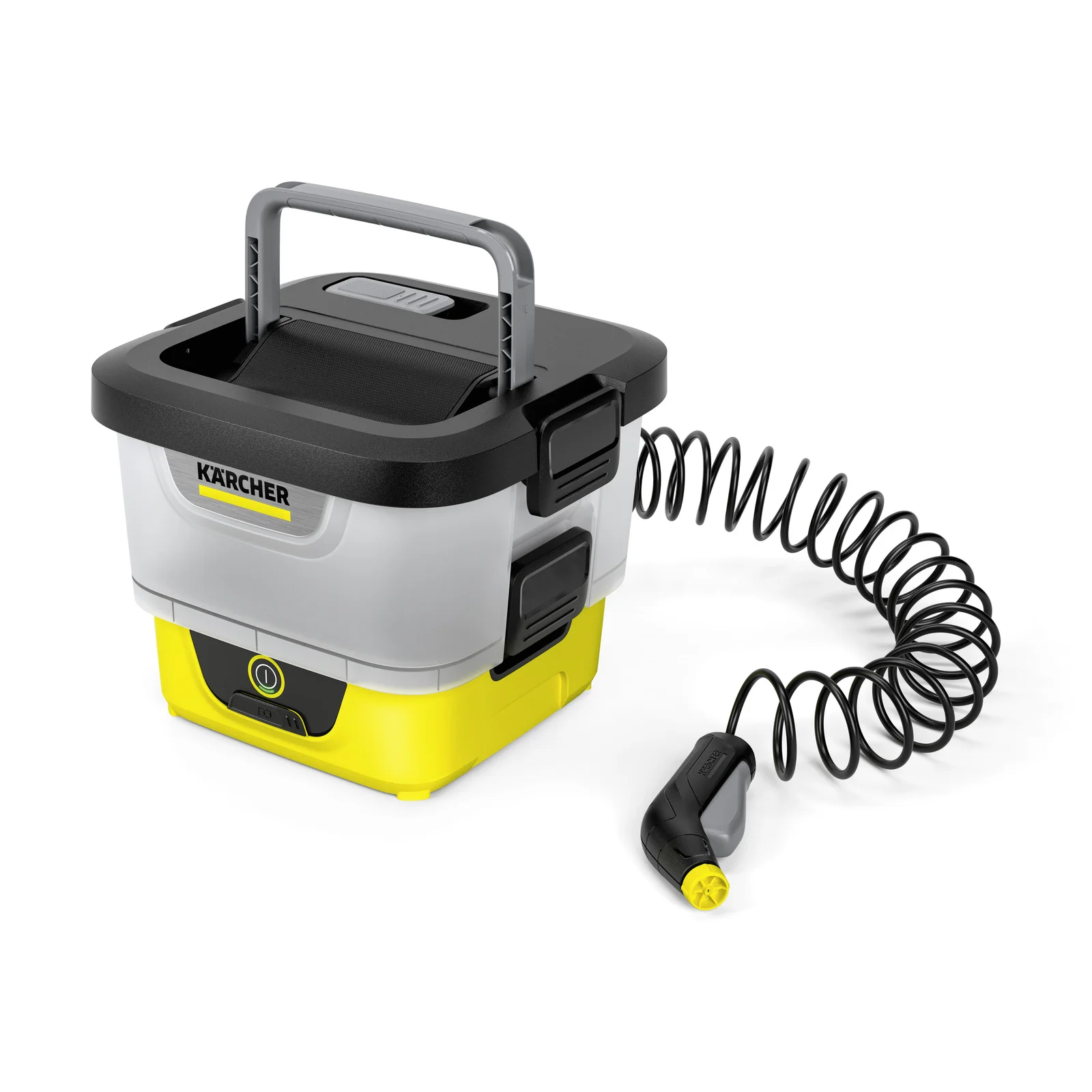 Kärcher mobiler Outdoor-Reiniger mit gelbem Sockel, schwarzem Griff und Spiralschlauch.