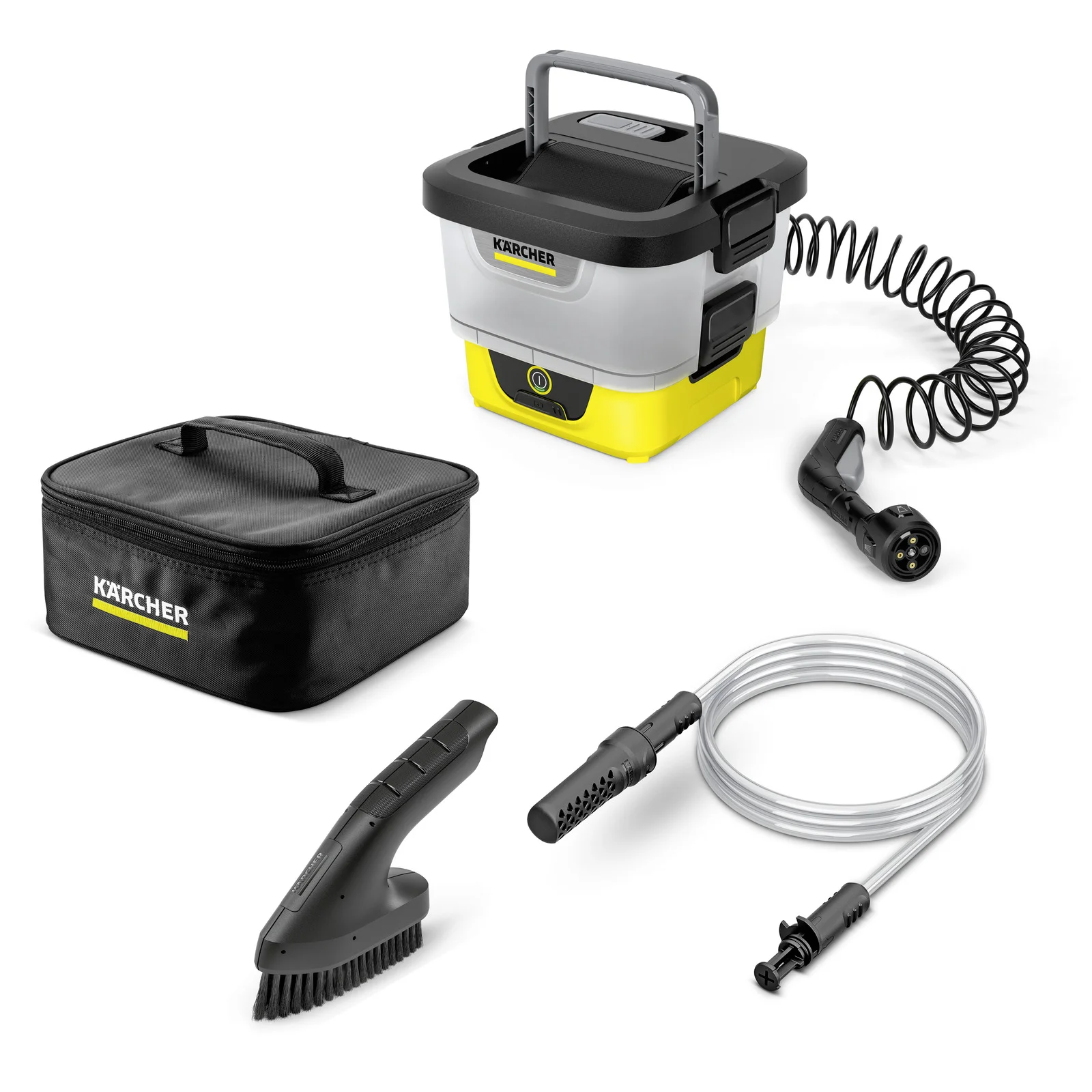 Kärcher Mobile Outdoor Cleaner mit Zubehör: Tasche, Bürste, Schlauch und Spiralkabel.