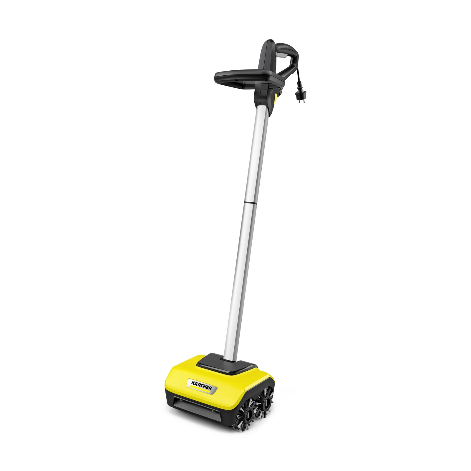 Kärcher Elektro-Bodenreiniger mit gelbem Gehäuse und schwarzem Griff, zwei Bürstenrädern.