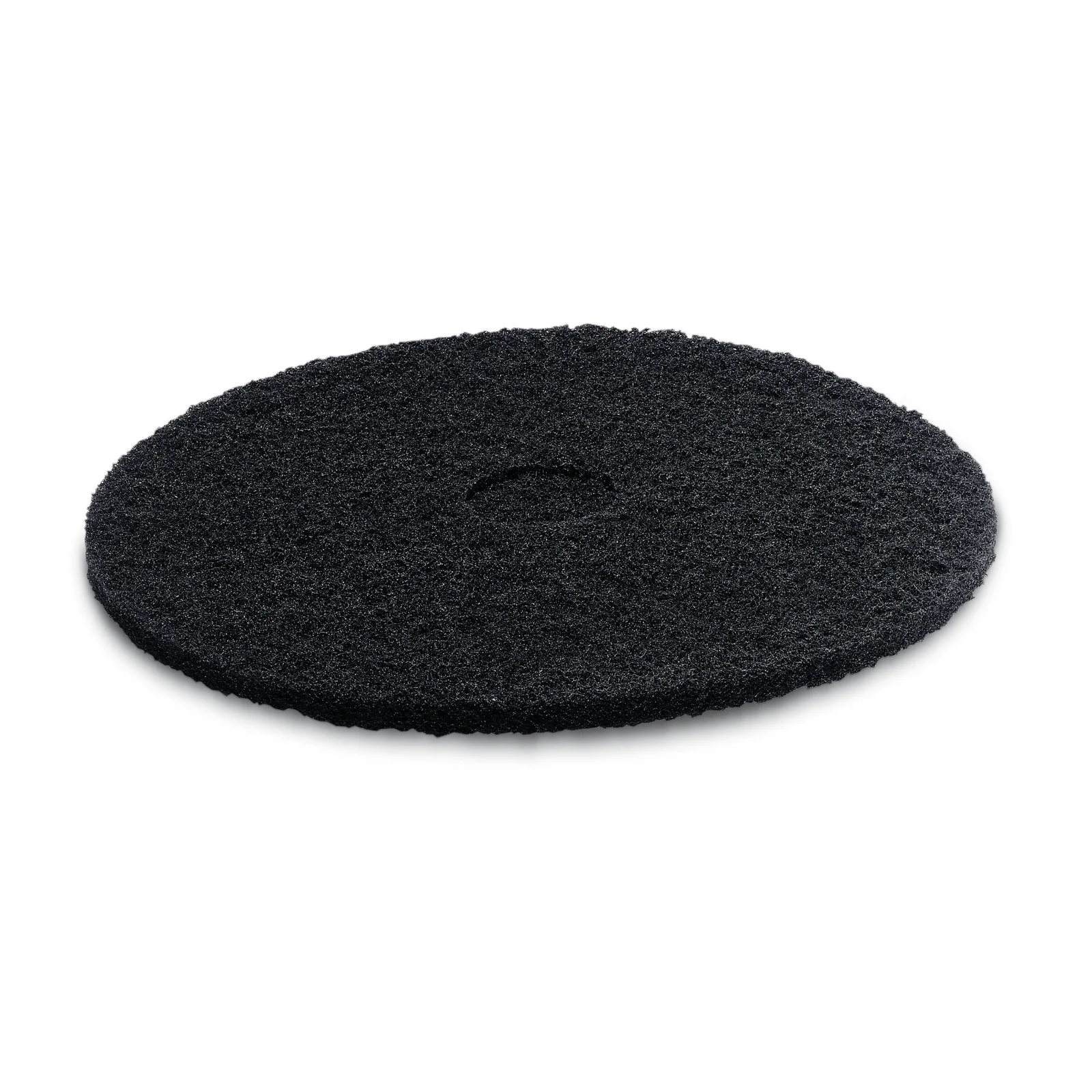 Schwarzes, rundes Reinigungspad mit rauer Oberfläche auf weißem Hintergrund.