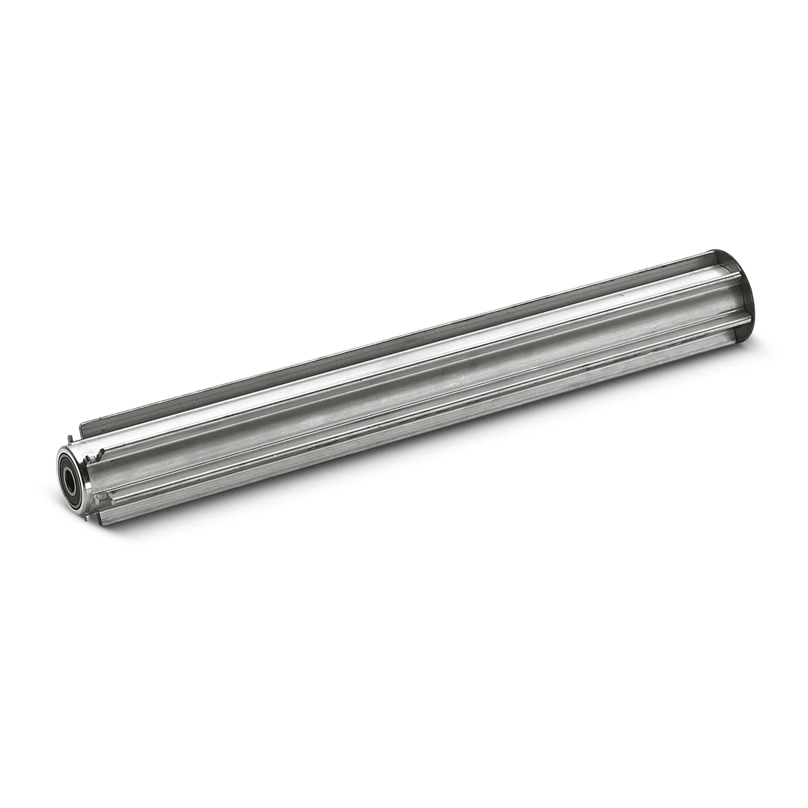 Metallwalze mit Lager, zylindrische Form, silberfarben, auf weißem Hintergrund.