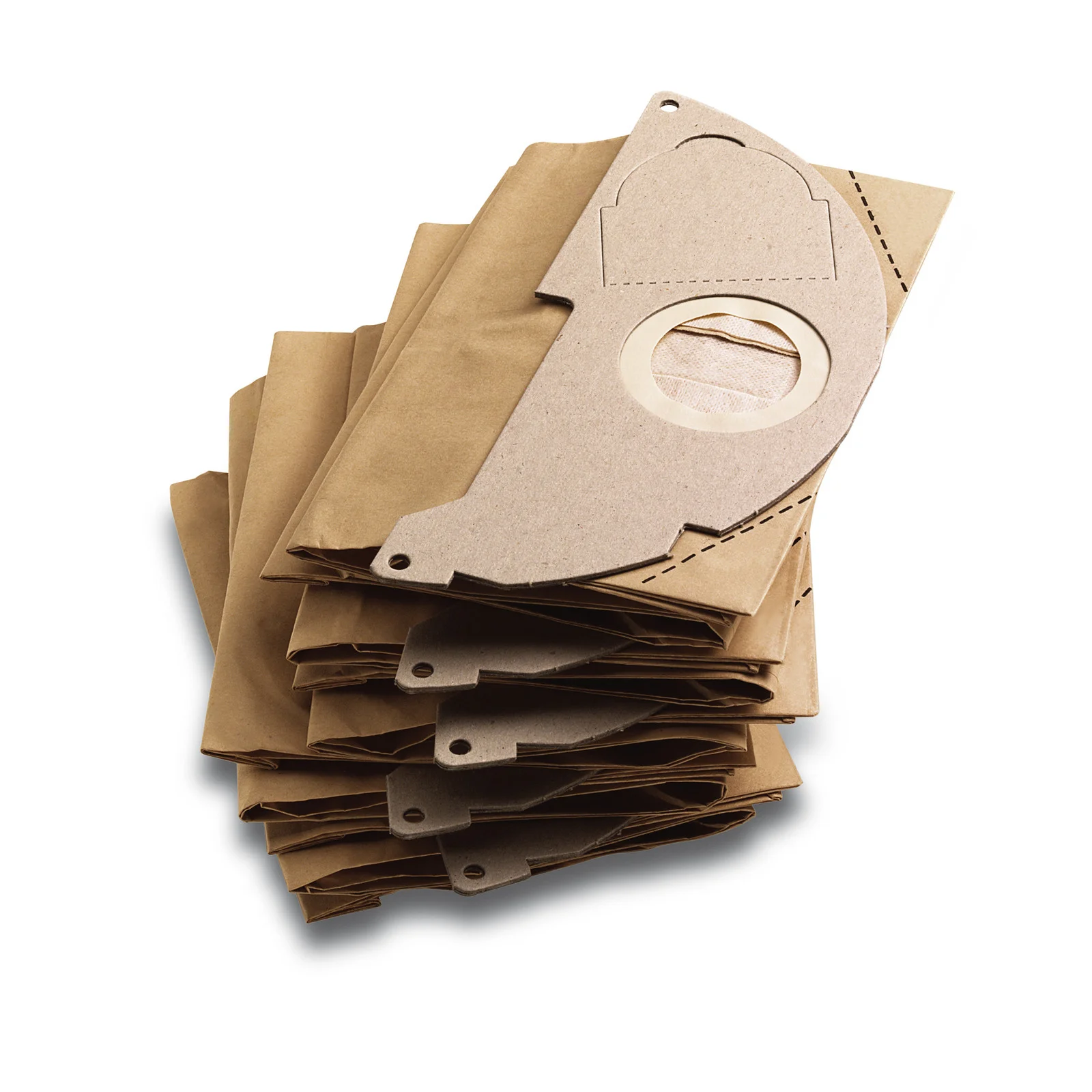Mehrere braune Staubsaugerbeutel aus Papier, gestapelt aufeinander.