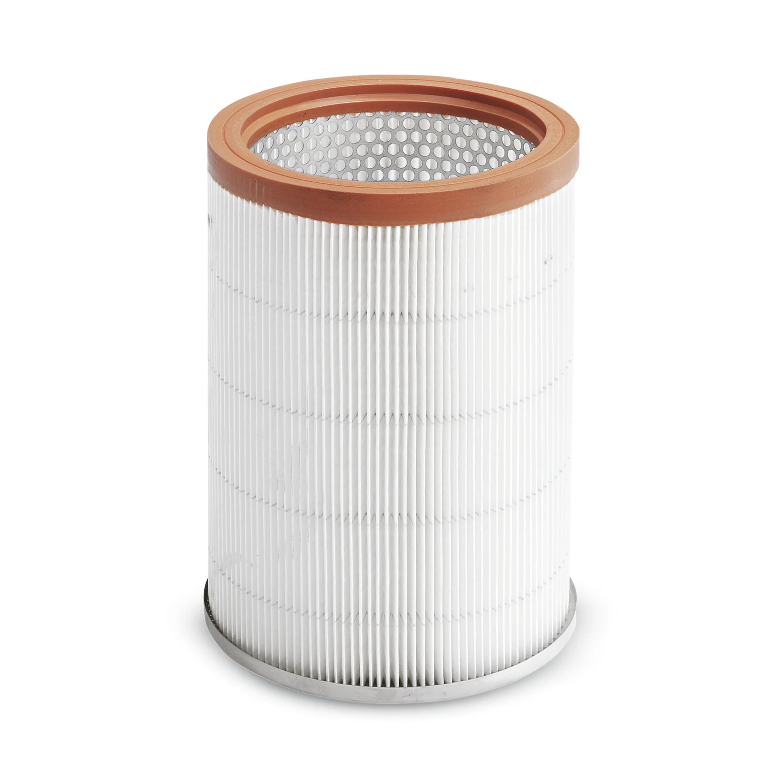 Zylindrischer Filter mit weißem Faltenpapier und braunem Rand, auf weißem Hintergrund.