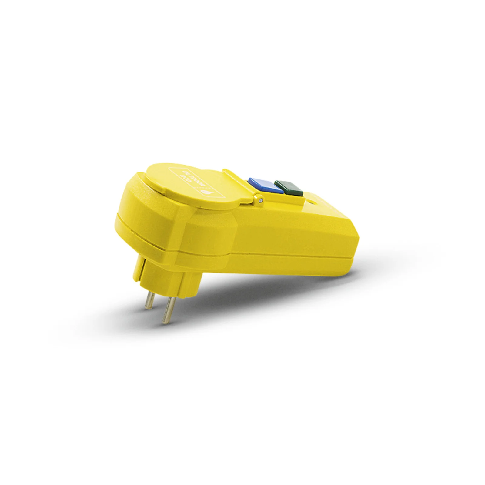 Gelber Kärcher-Steckeradapter mit zwei Steckstiften, seitlich liegend auf weißem Hintergrund.