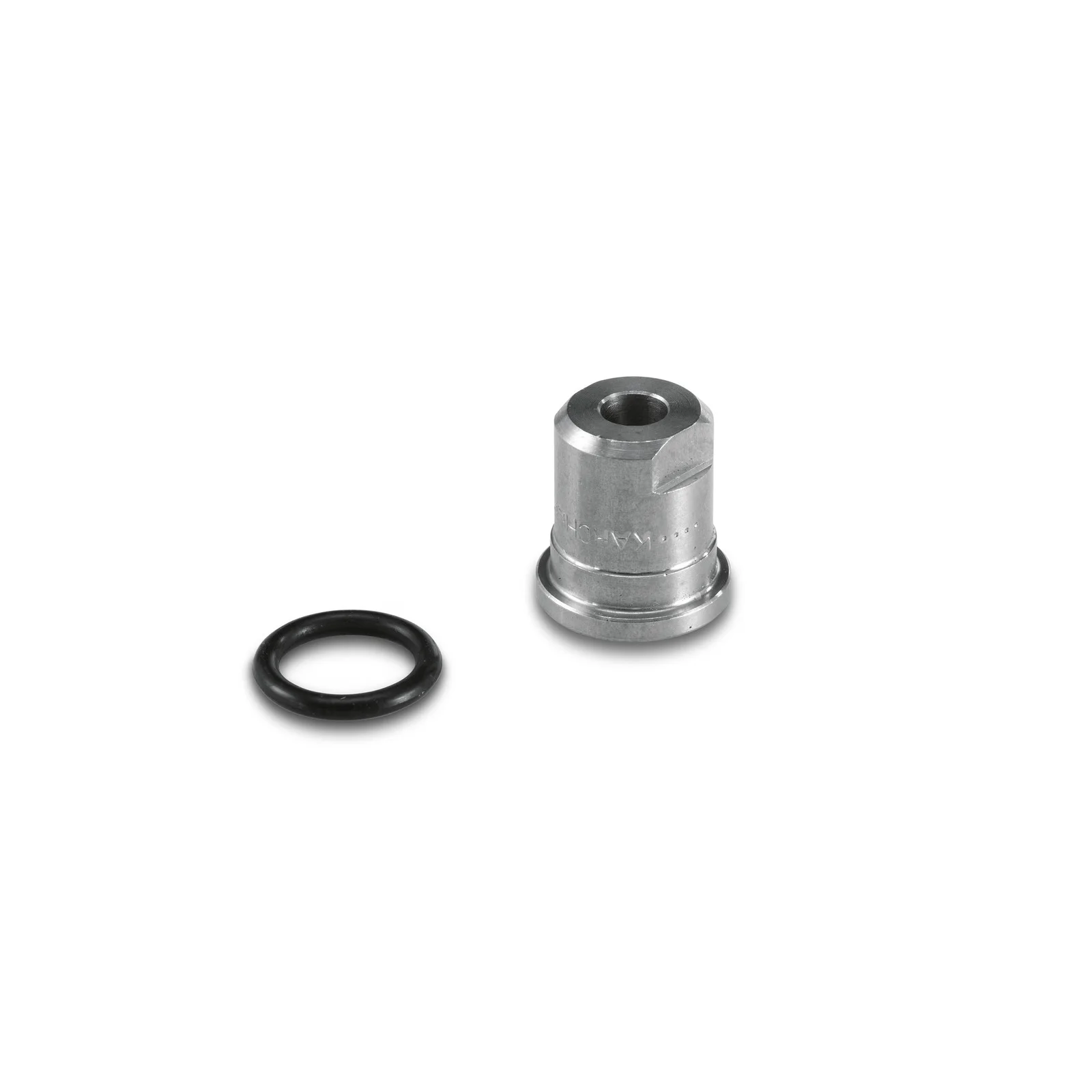 Metalladapter und schwarzer O-Ring auf weißem Hintergrund. Adapter hat eine zylindrische Form mit einer Öffnung oben.