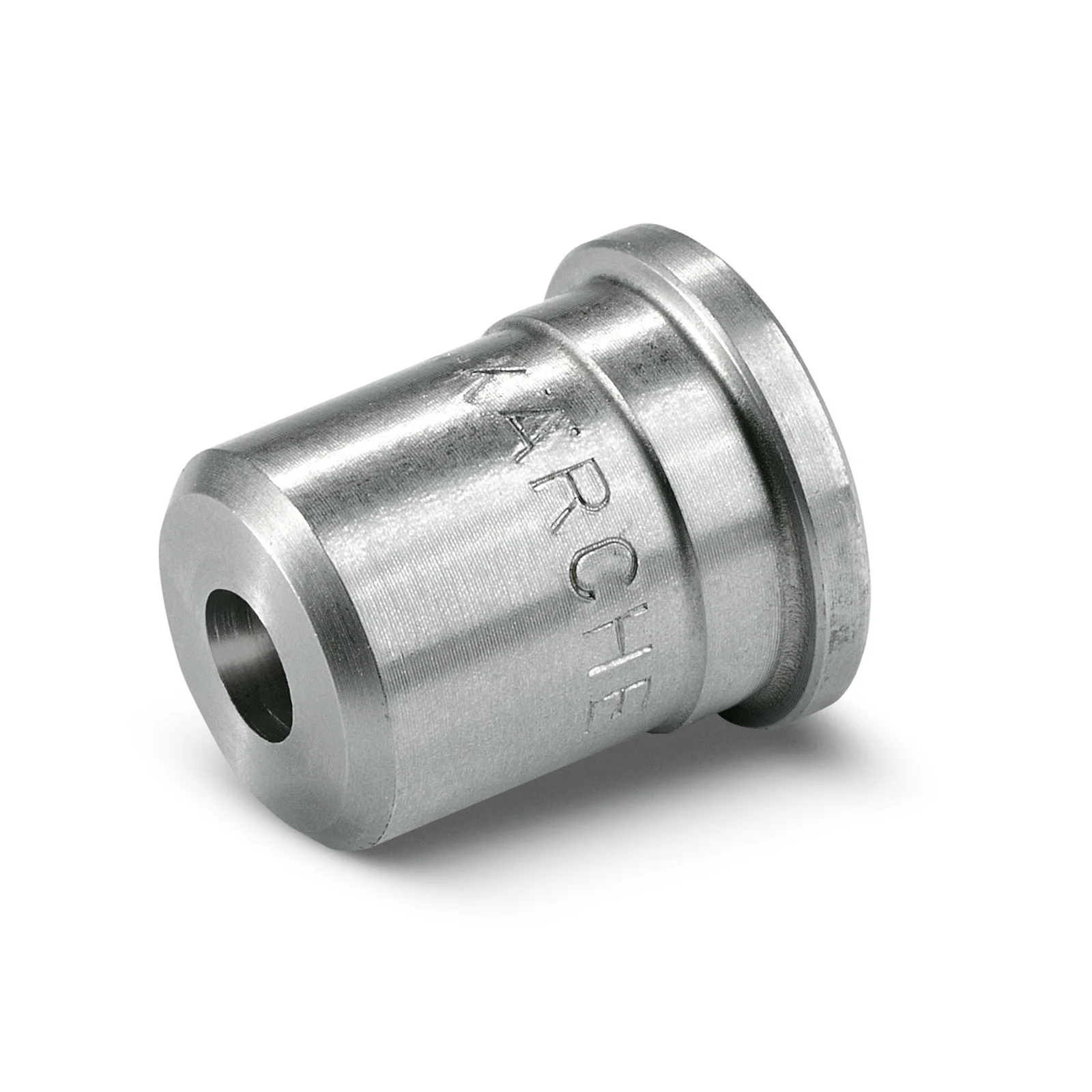 Silberne Kärcher-Düse aus Metall, zylindrische Form mit eingraviertem Logo, auf weißem Hintergrund.