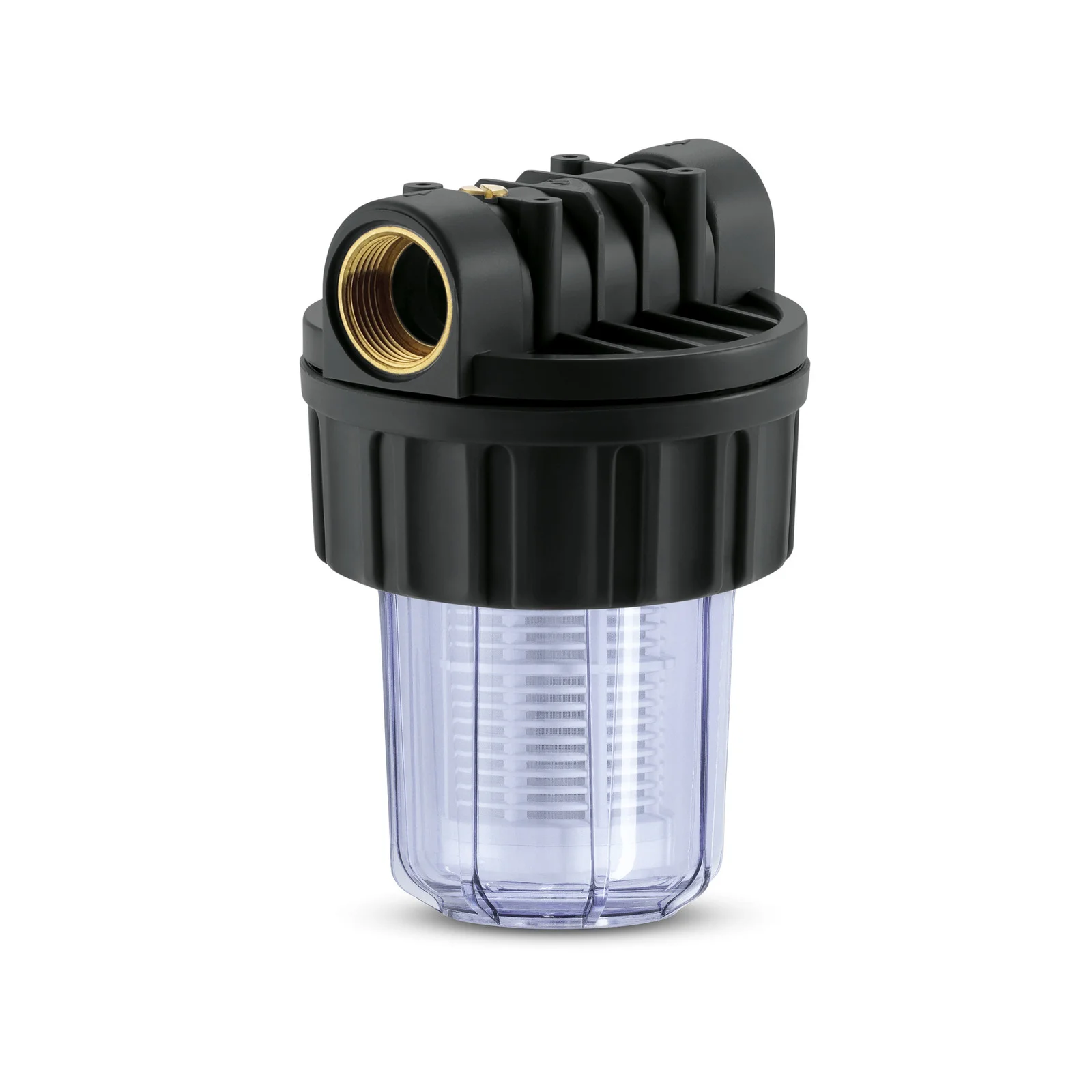 Kärcher Wasserfilter mit schwarzem Gehäuse und transparentem Behälter, goldene Anschlussöffnung oben.