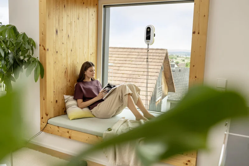 Frau sitzt auf Fensterbank, liest Buch. Fenster mit Blick auf Dachlandschaft, Kärcher Fensterreiniger am Glas befestigt. Indoor, Pflanze links.