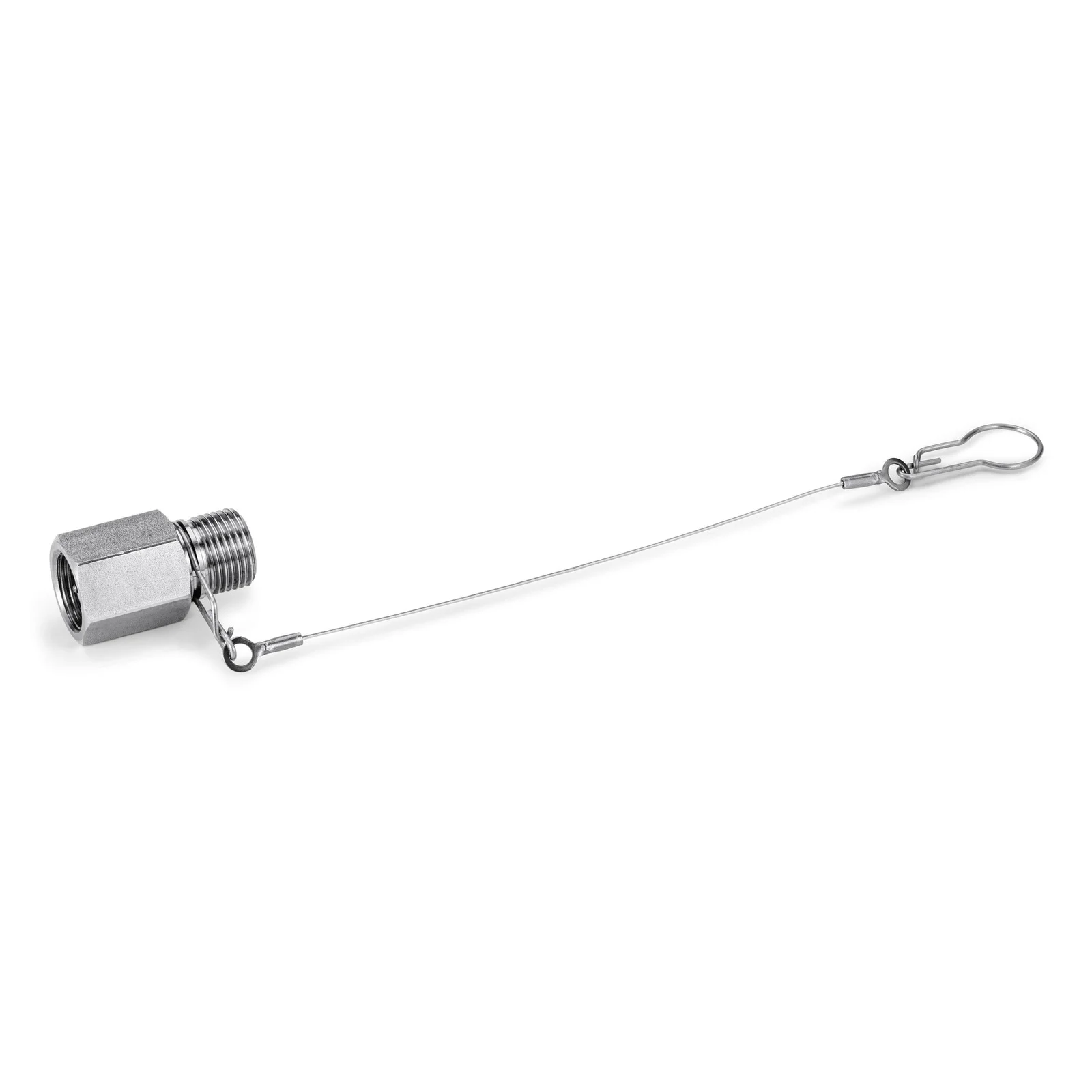Metalladapter mit Gewinde, verbunden durch ein dünnes Drahtseil mit einem kleinen Metallclip. Hintergrund weiß.