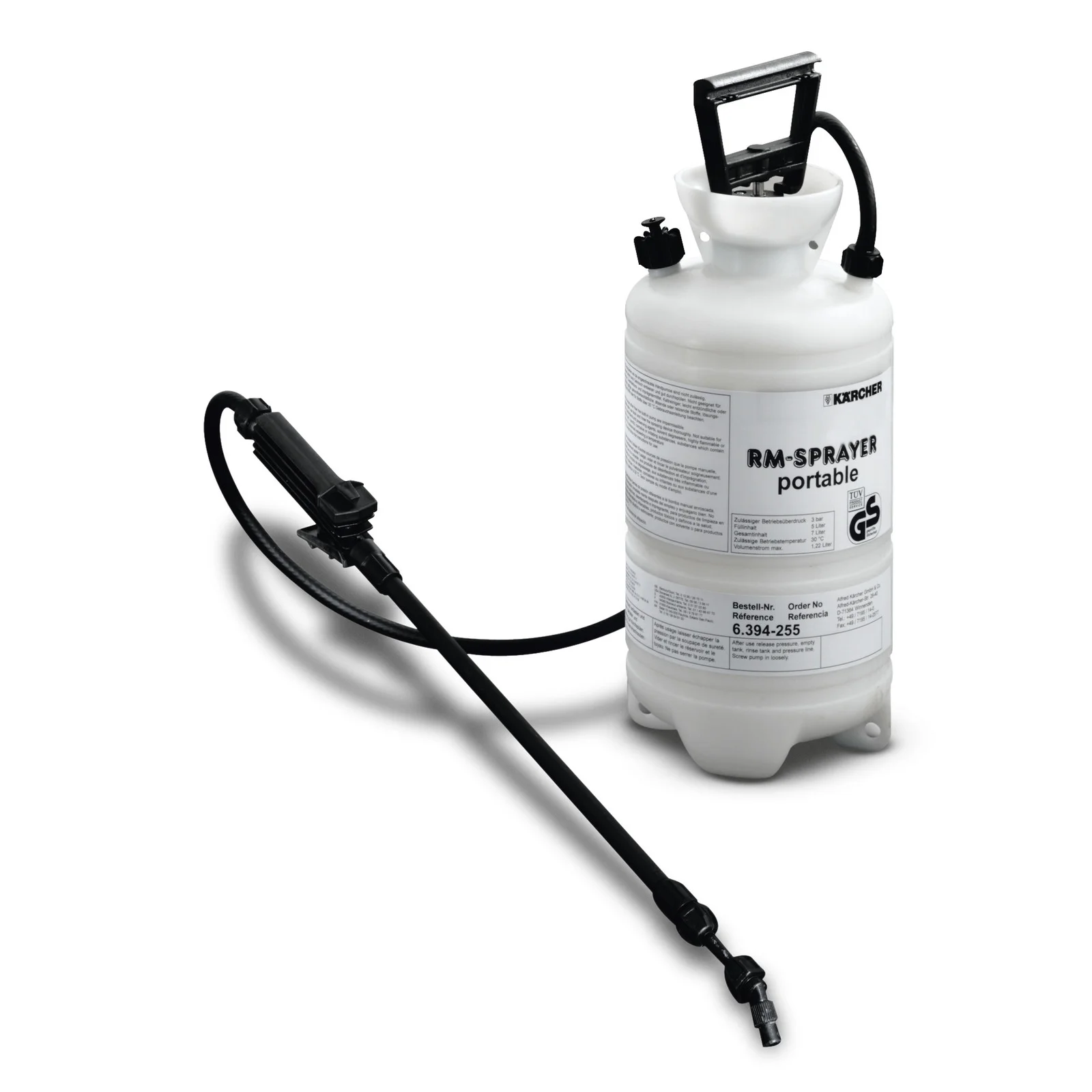 Kärcher RM-Sprayer portable, weißer Behälter mit schwarzem Griff und Sprühschlauch, auf weißem Hintergrund.