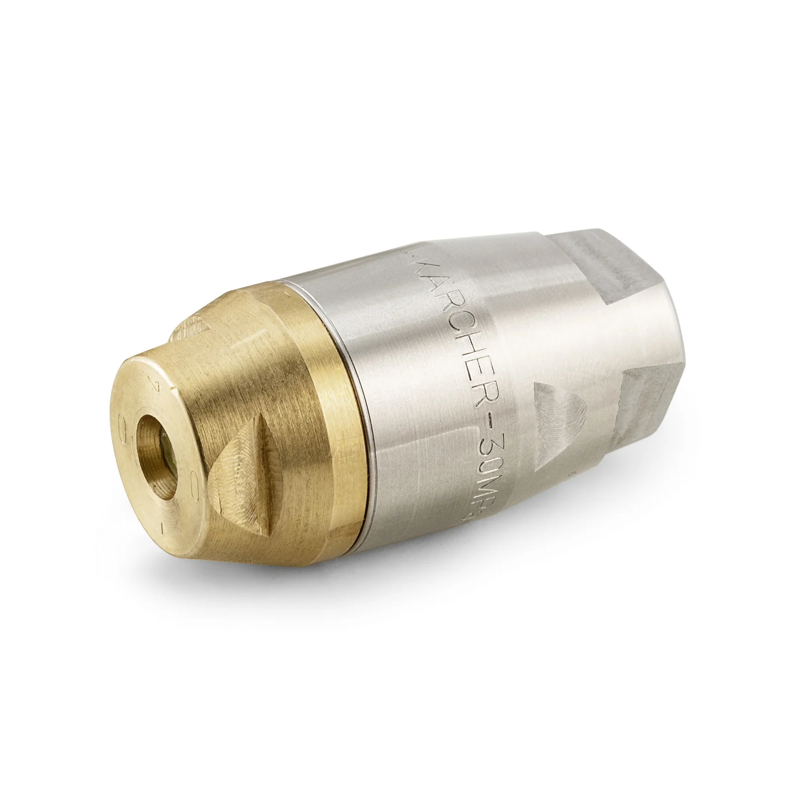 Kärcher Hochdruckdüse aus Metall mit goldfarbenem und silbernem Finish, seitlich liegend.