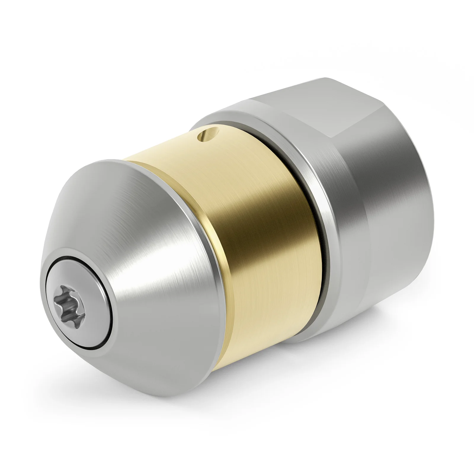 Metallischer Düsenkopf mit silberner und goldener Oberfläche, seitlich auf weißem Hintergrund.