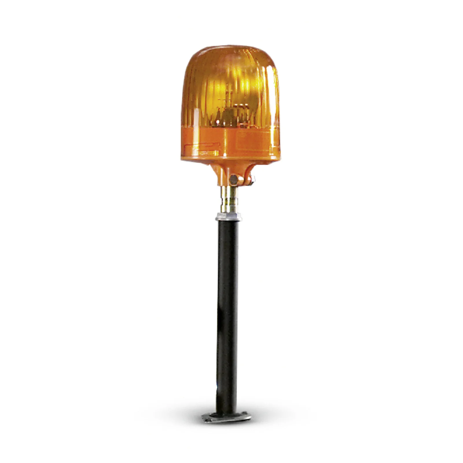 Orangefarbene Warnleuchte auf einem schwarzen Stab, freistehend vor weißem Hintergrund.