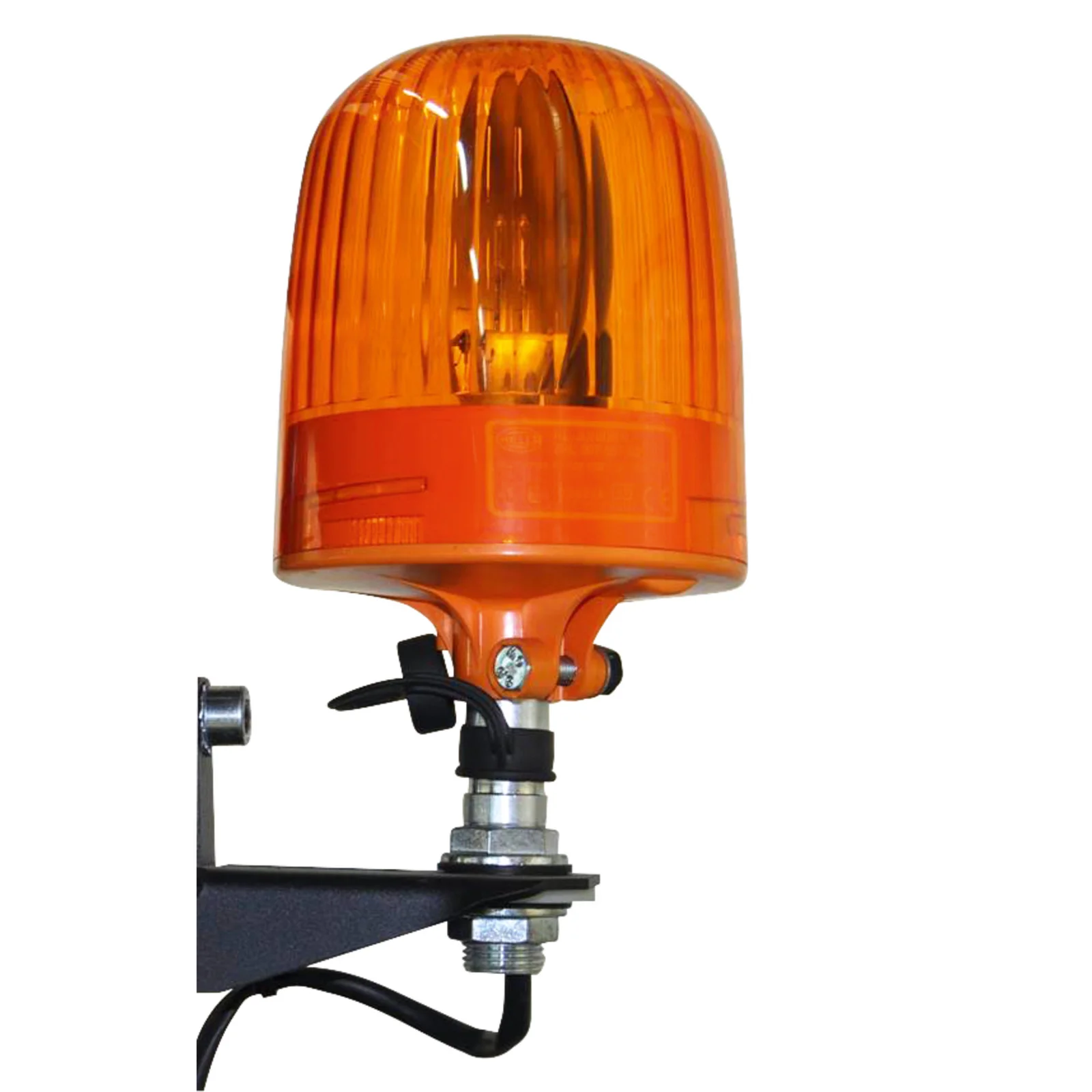 Orange Rundumleuchte mit schwarzer Halterung und Kabel, auf einem Metallarm montiert.