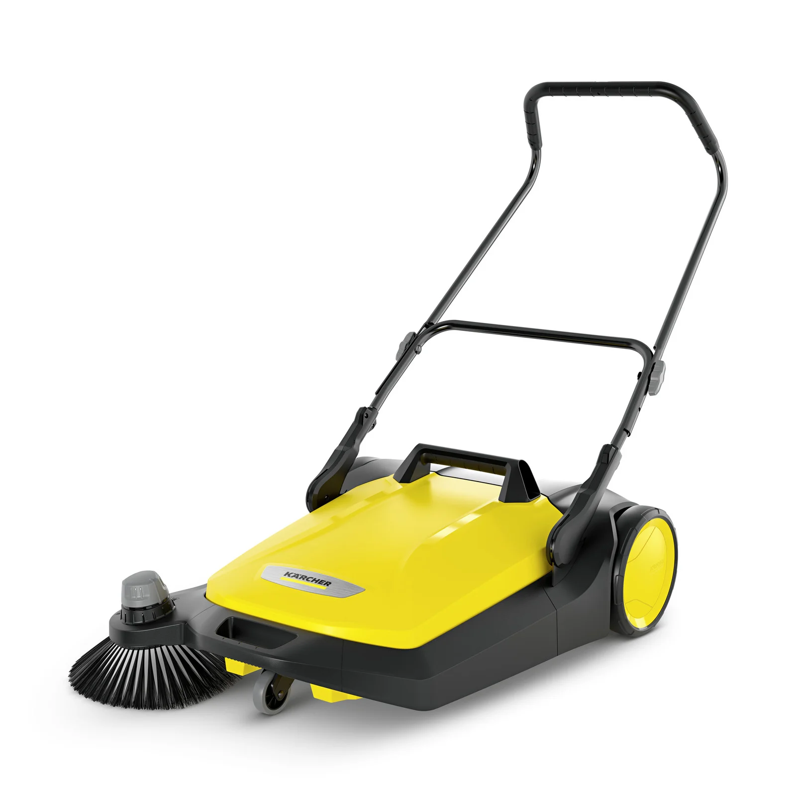 Gelber Kärcher Kehrmaschine mit schwarzem Griff und seitlicher Bürste auf weißem Hintergrund.