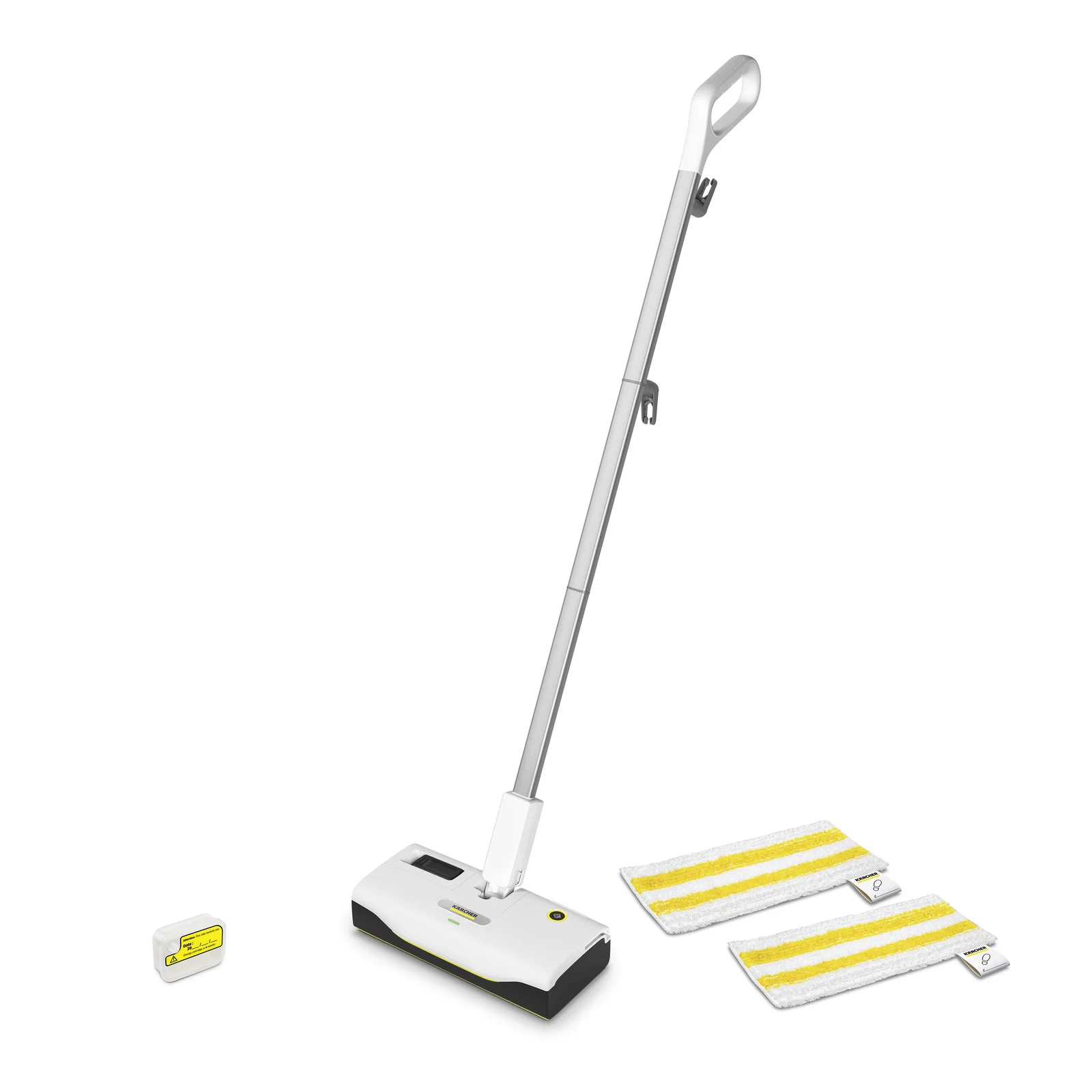 Kärcher Akku-Bodenwischer mit zwei Reinigungspads und Akku auf weißem Hintergrund.