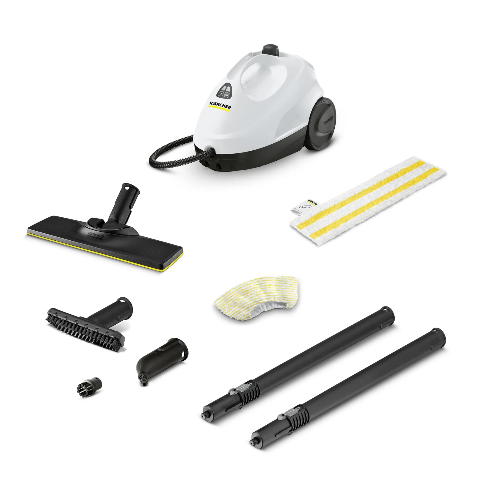 Kärcher Dampfreiniger mit Zubehör: Bodendüse, Bürste, Düsenaufsätze, Verlängerungsrohre, Reinigungstuch und Mikrofaserüberzug.