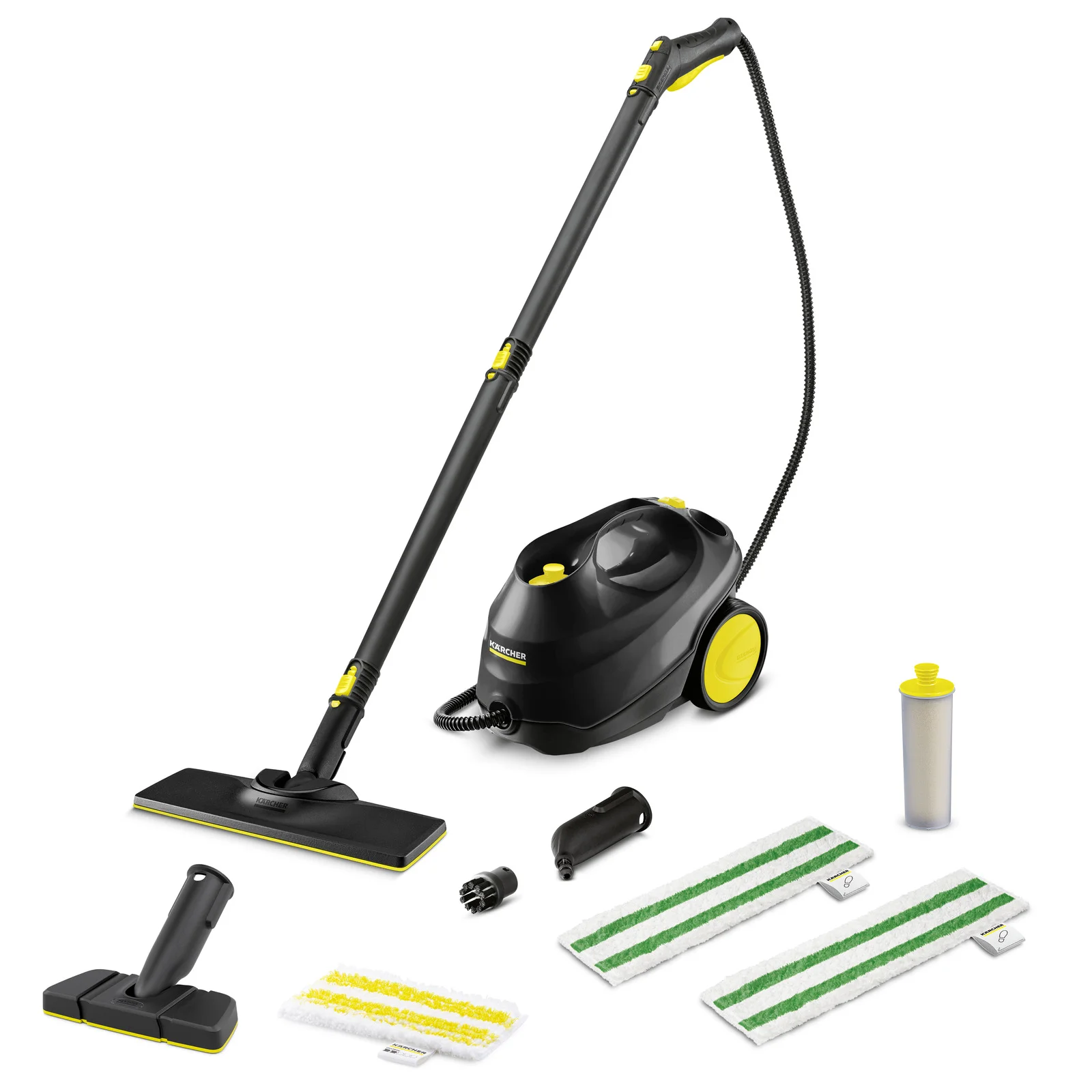 Kärcher Dampfreiniger mit Zubehör: Bodendüse, Handdüse, Rundbürste, Entkalkungspatrone und zwei Mikrofaser-Bodentücher.