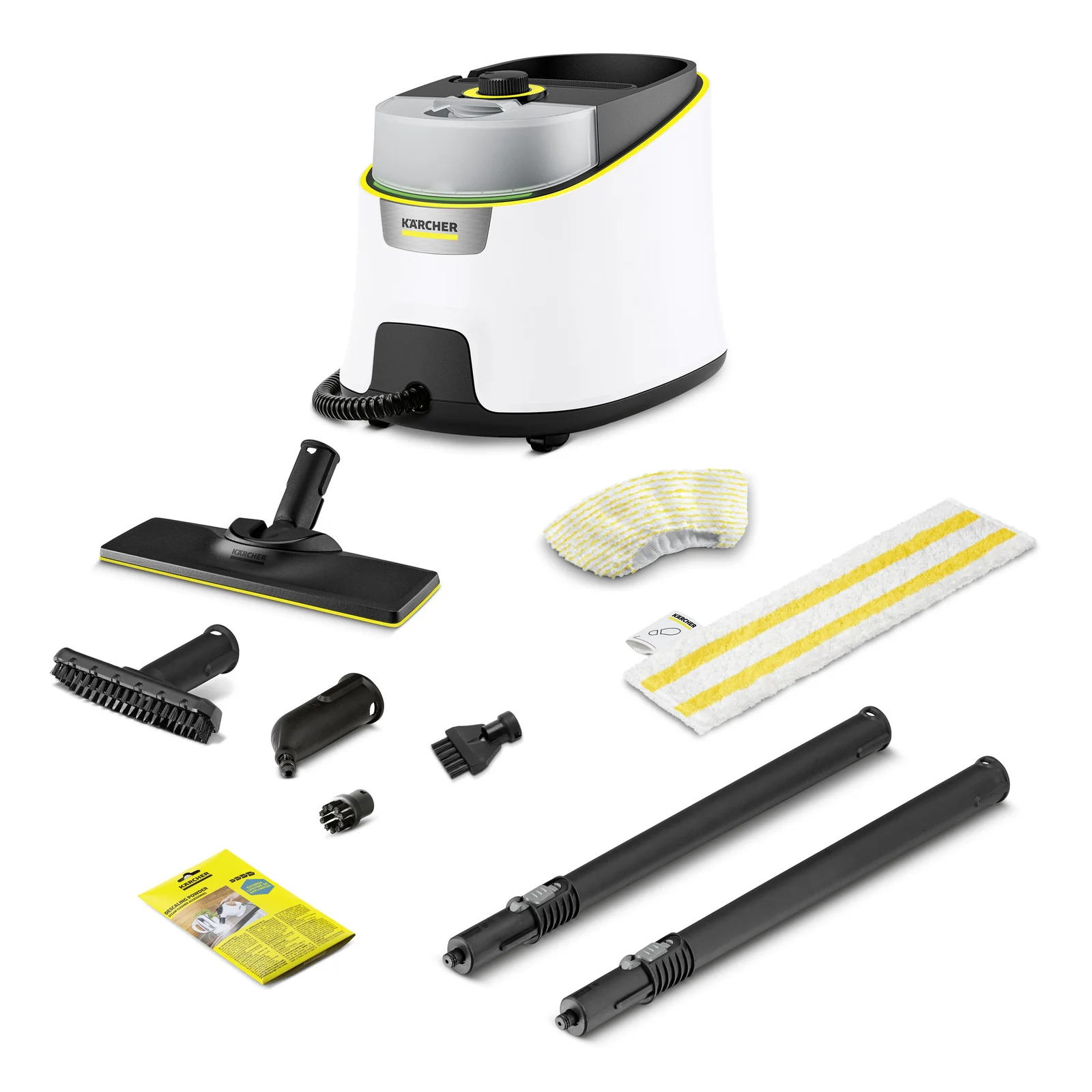 Kärcher Dampfreiniger mit Zubehör: Bodendüse, Bürstenaufsätze, Verlängerungsrohre, Reinigungstücher und Bedienungsanleitung.