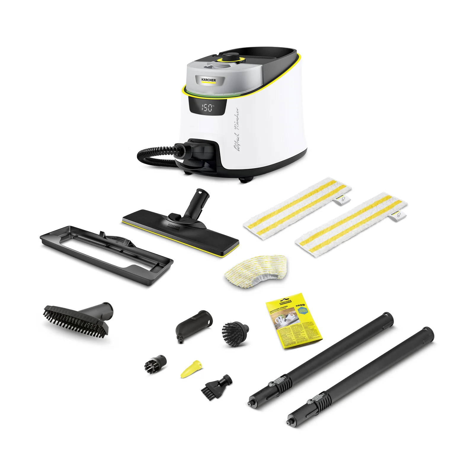 Kärcher Dampfreiniger mit Zubehör: Bodendüse, Bürsten, Verlängerungsrohre, Reinigungstücher und Bedienungsanleitung.