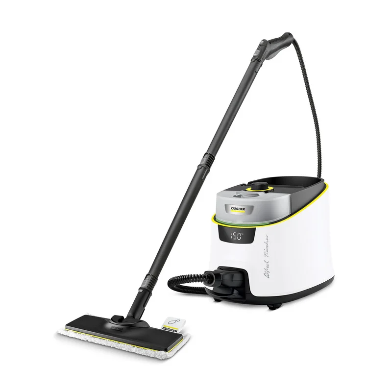 Kärcher Dampfreiniger mit weißem Gehäuse und schwarzem Reinigungskopf, Display zeigt Temperatur.