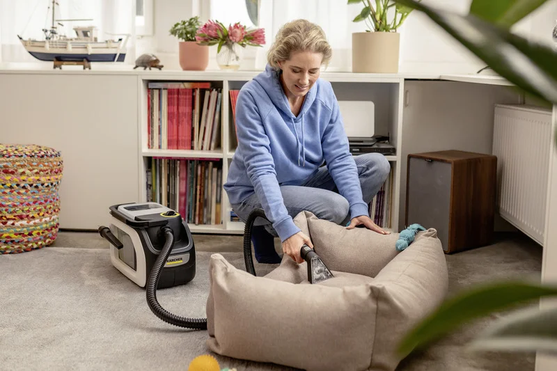 Person reinigt Hundebett mit Kärcher Nasssauger in einem Wohnzimmer, umgeben von Bücherregal, Pflanzen und Deko.