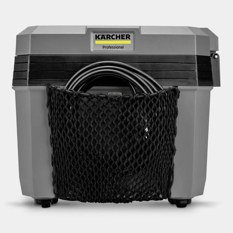 Grauer Kärcher Professional Behälter mit Netzfach, darin ein aufgerolltes Kabel.