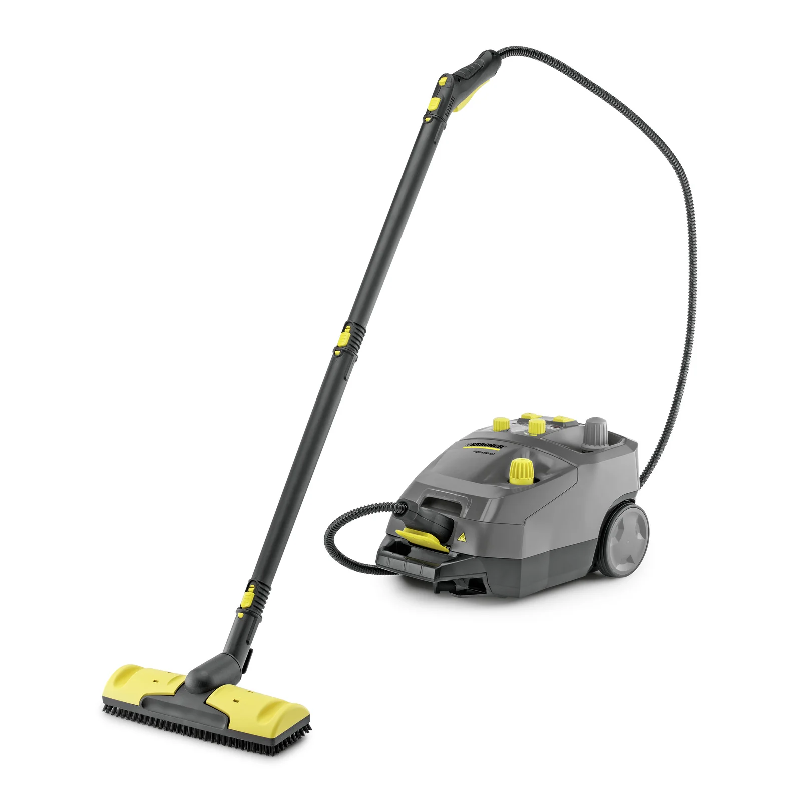 Kärcher Dampfreiniger mit grauem Gehäuse, gelben Bedienelementen und schwarzem Schlauch.