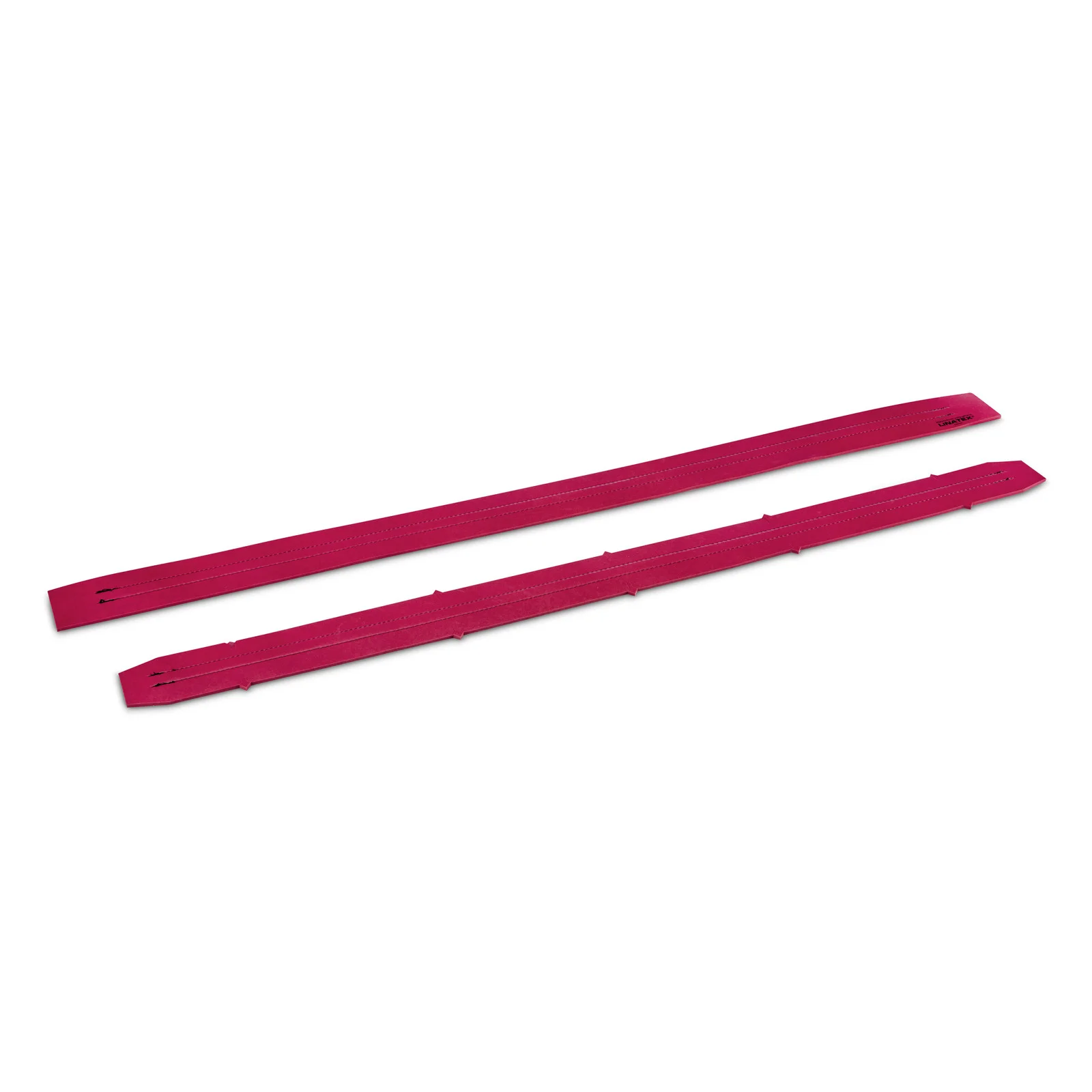 Zwei rote, längliche Kunststoffstreifen auf weißem Hintergrund, parallel zueinander liegend.