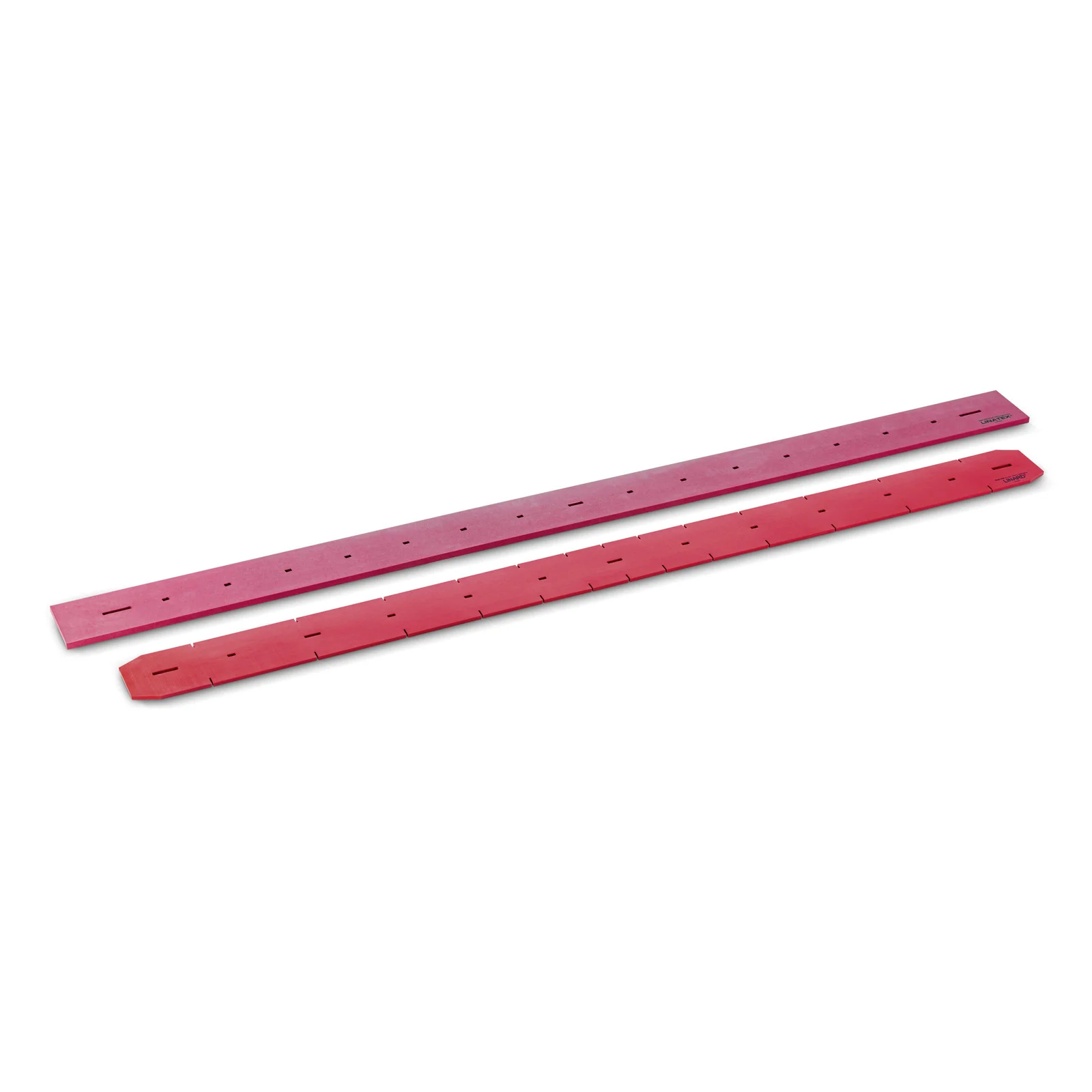 Zwei rote, längliche Streifen mit kleinen Löchern und Kerben, nebeneinander auf weißem Hintergrund.