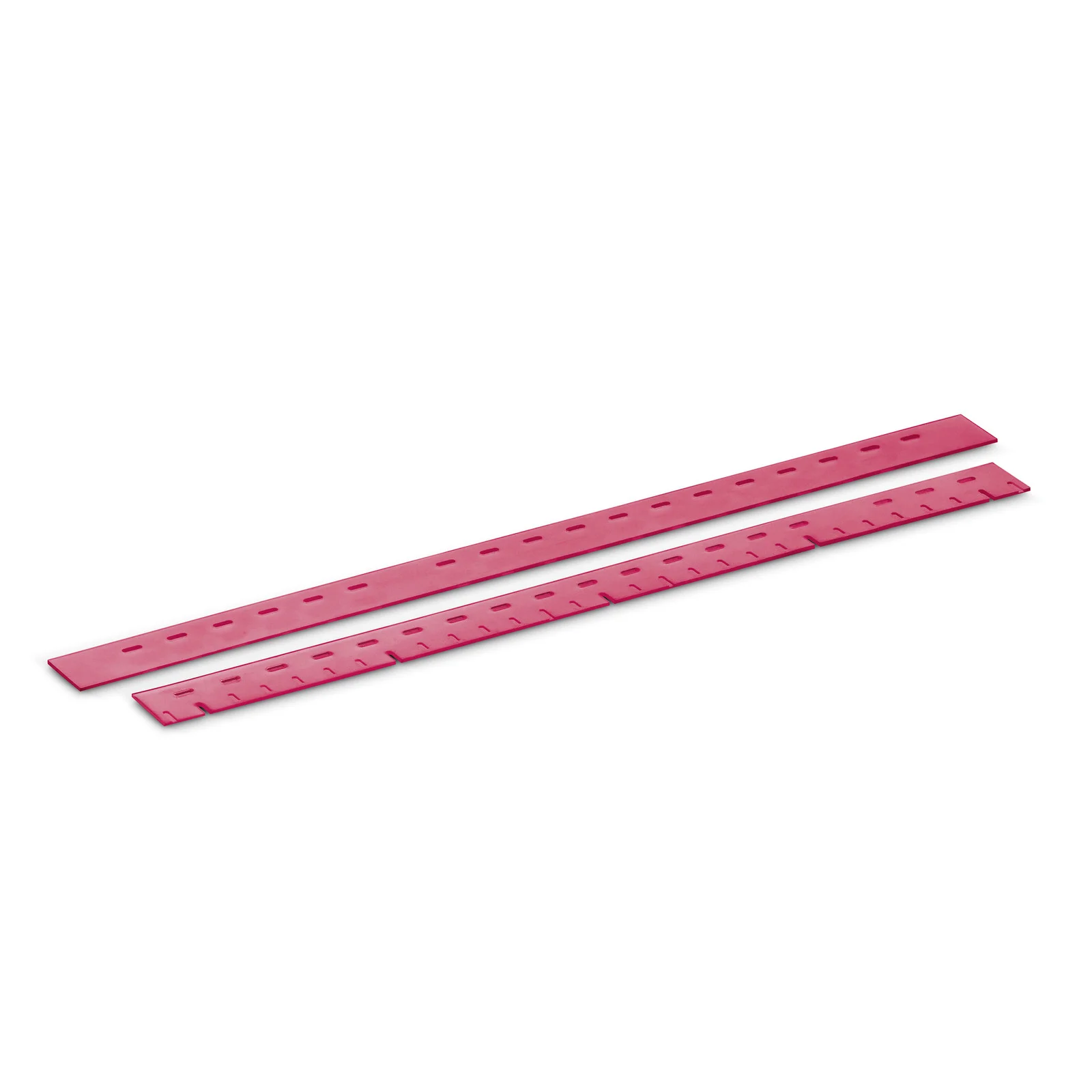 Two pink rubber strips with evenly spaced holes, placed diagonally on a white background.