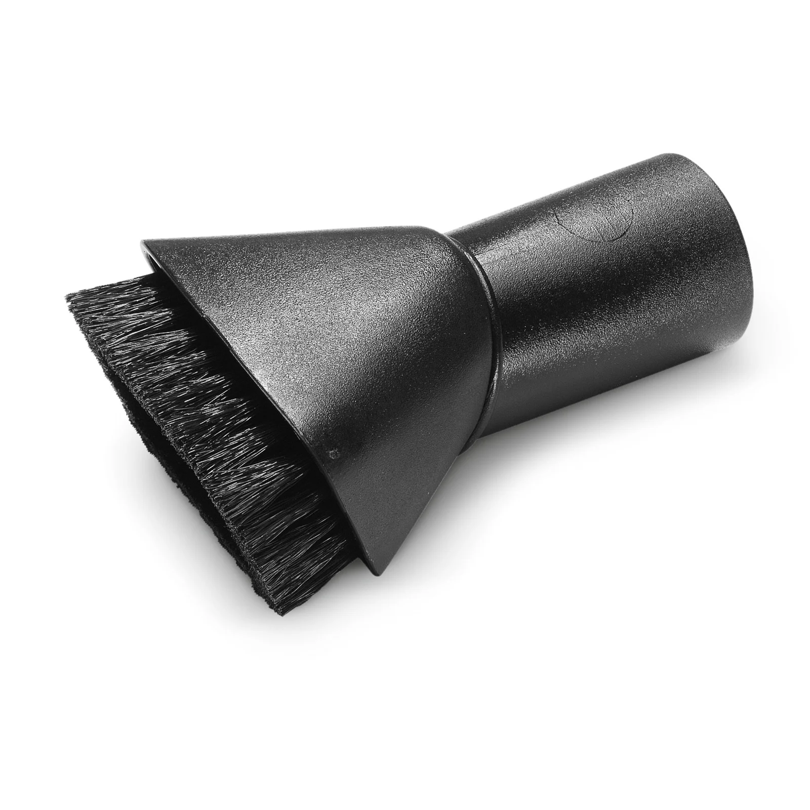 Schwarze Bürstendüse mit Borsten, geeignet für Staubsauger. Sie hat eine konische Form und besteht aus Kunststoff.