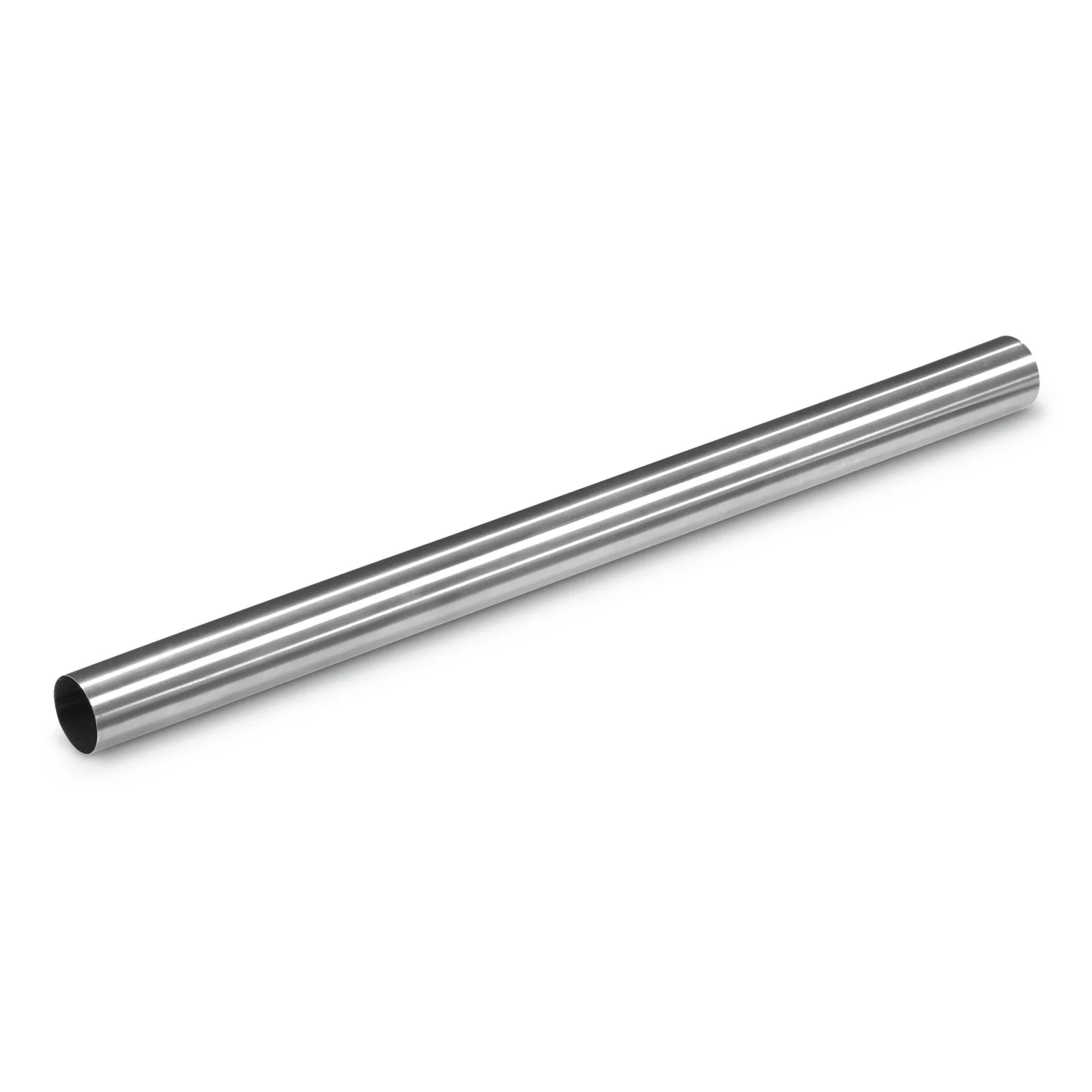 Metallrohr, zylindrisch, silberfarben, auf weißem Hintergrund liegend.