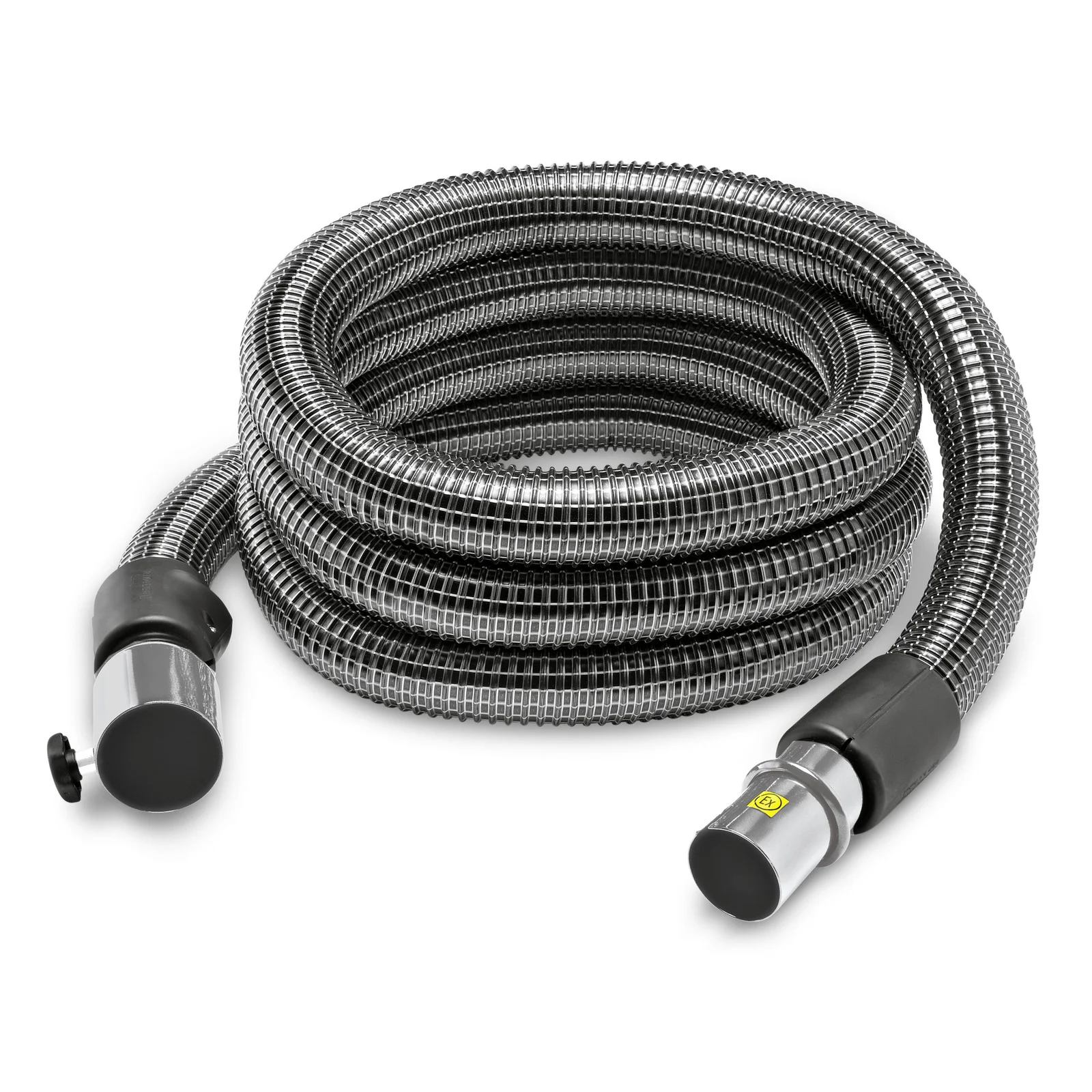 Grauer, flexibler Saugschlauch mit Metallspirale und schwarzen Endstücken, aufgerollt auf weißem Hintergrund.