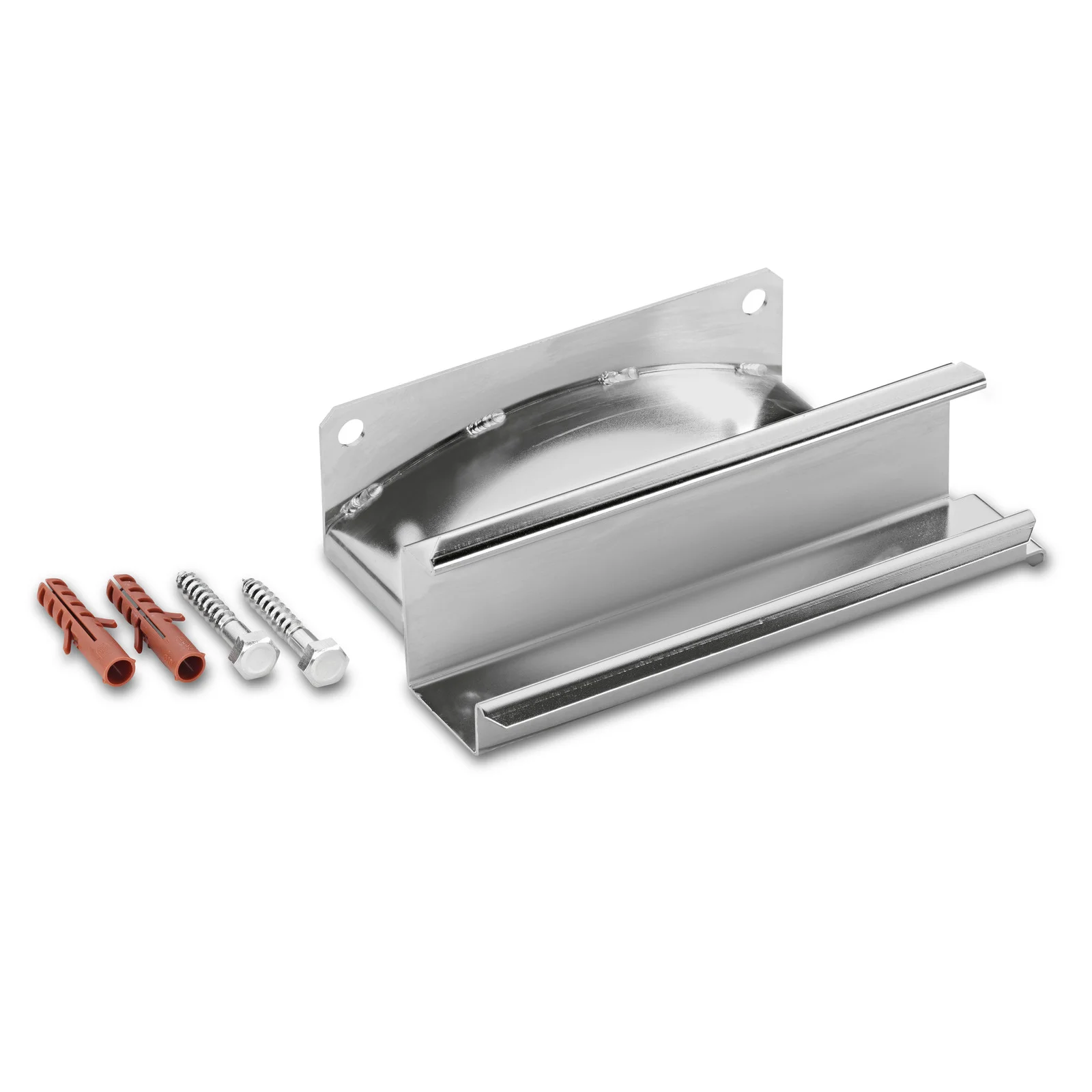 Metallhalterung mit zwei Schrauben und zwei roten Dübeln auf weißem Hintergrund.