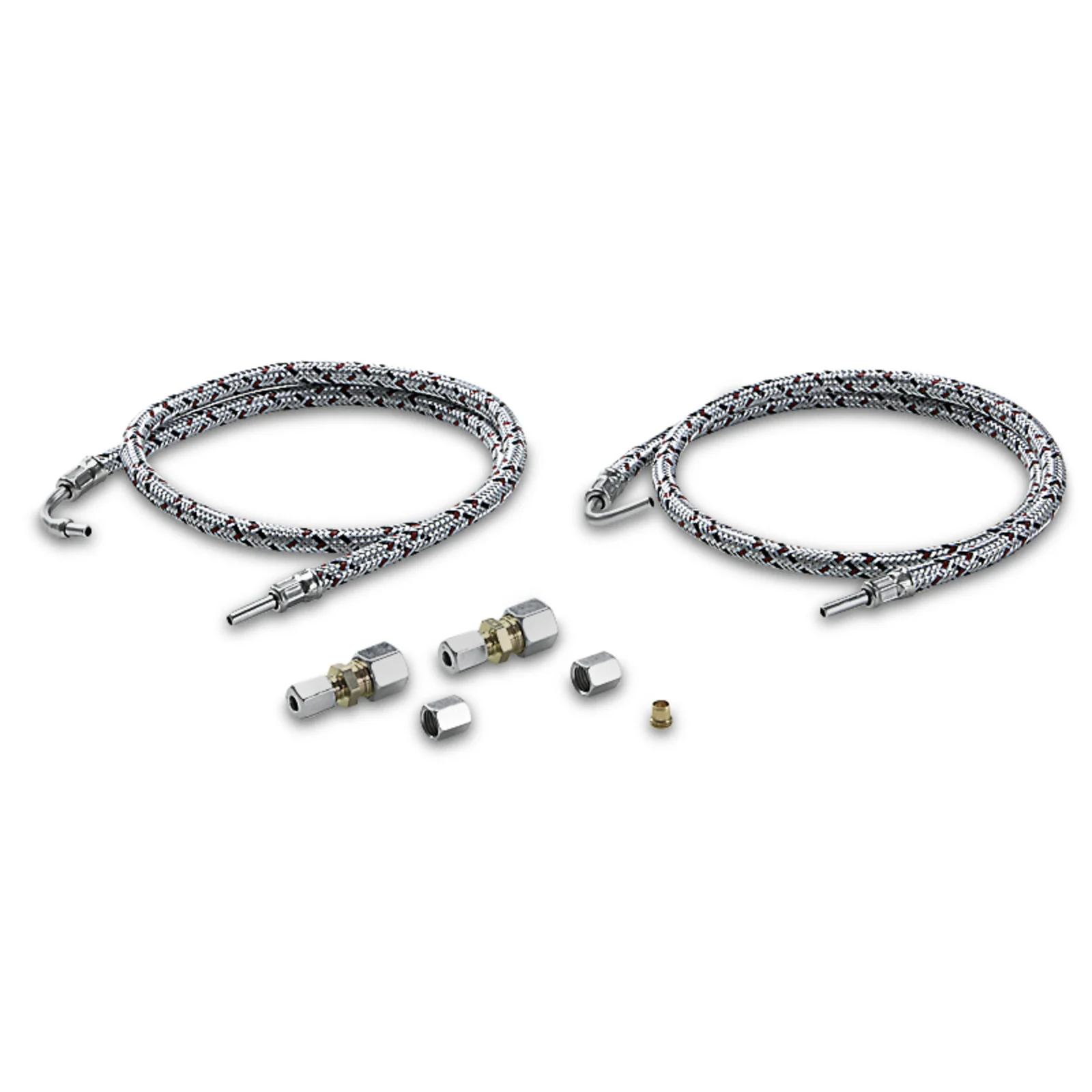 Zwei geflochtene Schläuche mit Metallanschlüssen und mehreren kleinen Metallverbindungsstücken auf weißem Hintergrund.