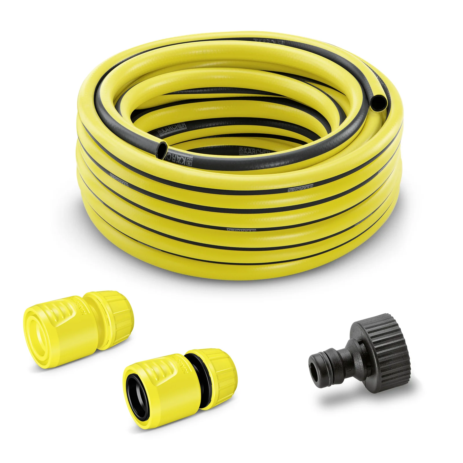 Gelber Kärcher Gartenschlauch mit zwei gelben Schlauchkupplungen und einem schwarzen Adapter auf weißem Hintergrund.