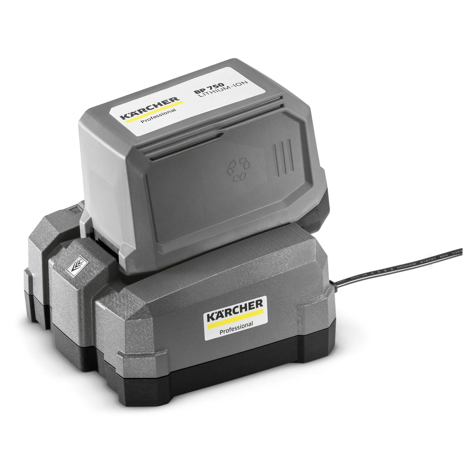 Kärcher BP 750 Lithium-Ionen-Akku auf grauer Ladestation mit Kabel, beide mit "Professional"-Label.