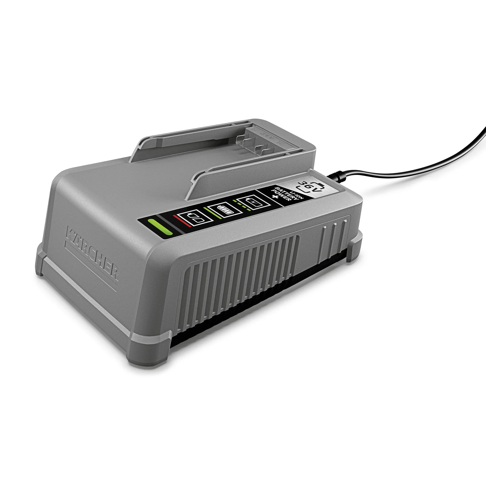 Graues Kärcher Batterieladegerät mit 36V-Anzeige und Kabel, auf weißem Hintergrund.